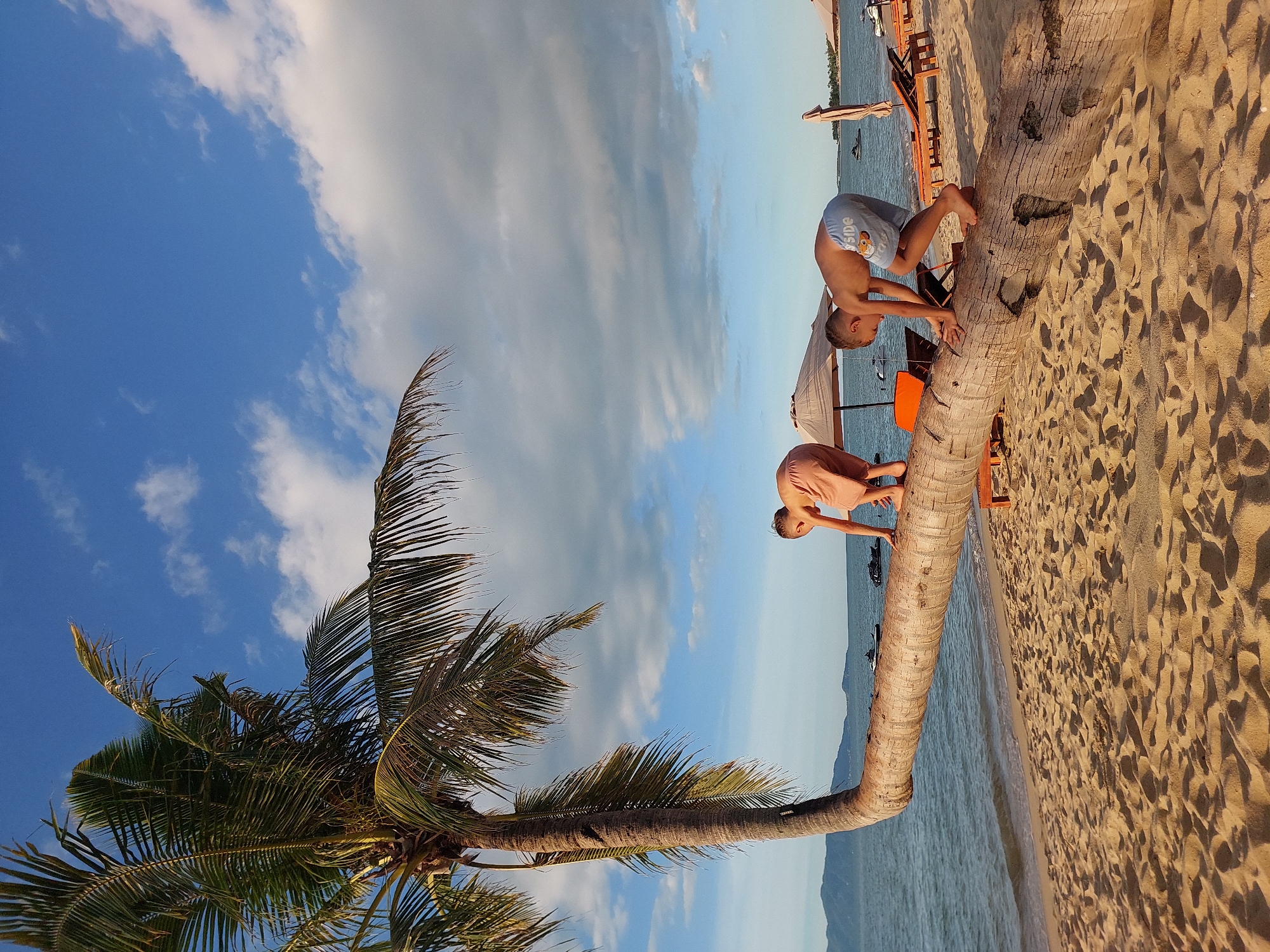 Two young boys are climbing on a fallen palm tree trunk that lies across a sandy beach in Baan Mae Nam, Thailand. The palm tree extends out over the water. The boy on the left is wearing light-colored shorts and the boy on the right is wearing patterned swim trunks. The ocean is calm and there are several jet skis visible in the water. In the background, there are beach umbrellas and lounge chairs. The sky is blue with scattered clouds.