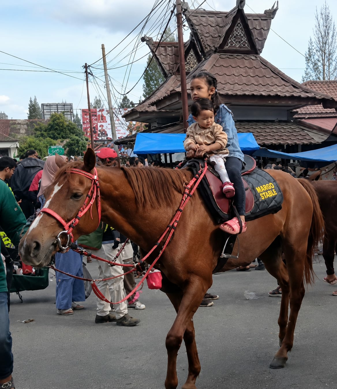 The image captures a street scene in Berastagi, Indonesia, where a brown horse carries two young girls. The older girl, on the left, is looking to her left, while the younger girl, on the right, is looking forward. Both girls are dressed casually, with the older girl wearing a blue denim jacket over a light-colored shirt and dark pants, and the younger girl in a light brown shirt and white pants. They are seated on a saddle pad that reads "MARGO STABLE" in yellow lettering. The horse is equipped with a red bridle and harness.
The background features a crowd of people, some walking, others gathered. Behind them, a building with distinctive dark, layered roofing and intricate wooden carvings is visible. In the distance, utility poles with numerous wires and some trees can be seen. The overall atmosphere suggests an outdoor event or procession, possibly a festival or cultural gathering, taking place on a paved street under an overcast sky.