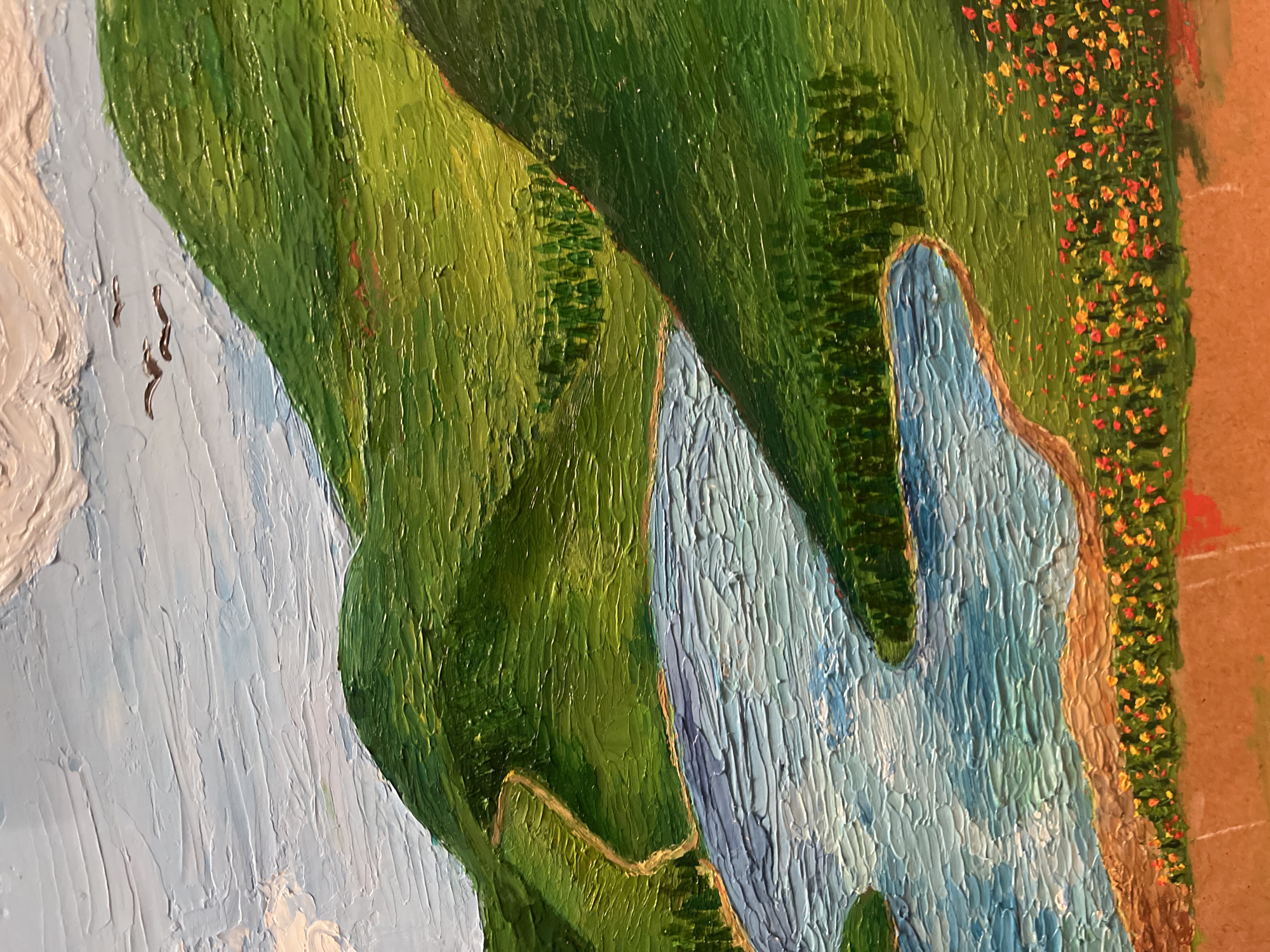 This image is a close-up of an oil painting depicting a landscape. The scene shows a body of water (likely a river or lake) with blue and white textured brushstrokes. On either side of the water are green, grassy hills painted with thick, vertical brushstrokes. One side of the water has a small strip of land with orange and yellow flowers. The sky is rendered with white and light blue paint. The painting style uses heavy impasto to create a textured surface. The scene does not clearly relate to Maidstone, United Kingdom, and therefore I cannot provide a location in Maidstone.