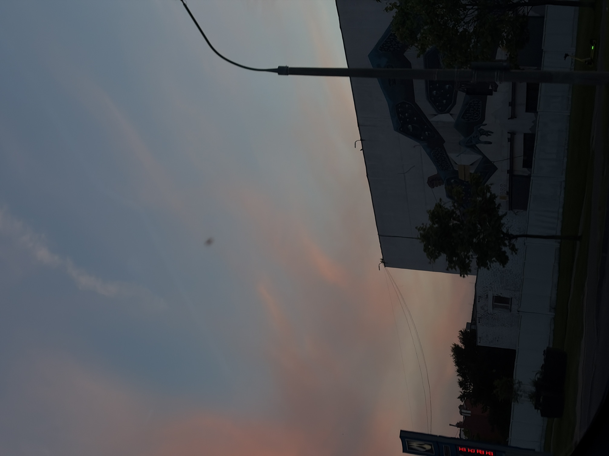 The image captures an urban or suburban scene at either dawn or dusk, with the sky transitioning from a muted blue-grey at the top to soft pink and orange hues near the horizon. Two small, dark smudges, likely dust on the camera lens, are visible against the sky.
A prominent black street light pole with a curved arm extends from the mid-left of the frame. Overhead power lines or cables are visible stretching across the sky. To the right, a large building features a significant mural on its side, depicting a robotic or armored figure in shades of blue and grey. Dark green foliage from trees partially obscures this building. Further right and slightly lower, another building with a white brick wall and a dark window is visible, bordered by a fence. Other structures and fences are dimly visible in the darker background to the left.
At the very bottom left, a partial blue sign with red Cyrillic text is visible. The readable portion of the text appears to be "ГОЛОБ", followed by truncated letters.
The scene is static, devoid of human activity, capturing a quiet moment in the transition of natural light within an urban environment, identified as Minsk, Belarus.