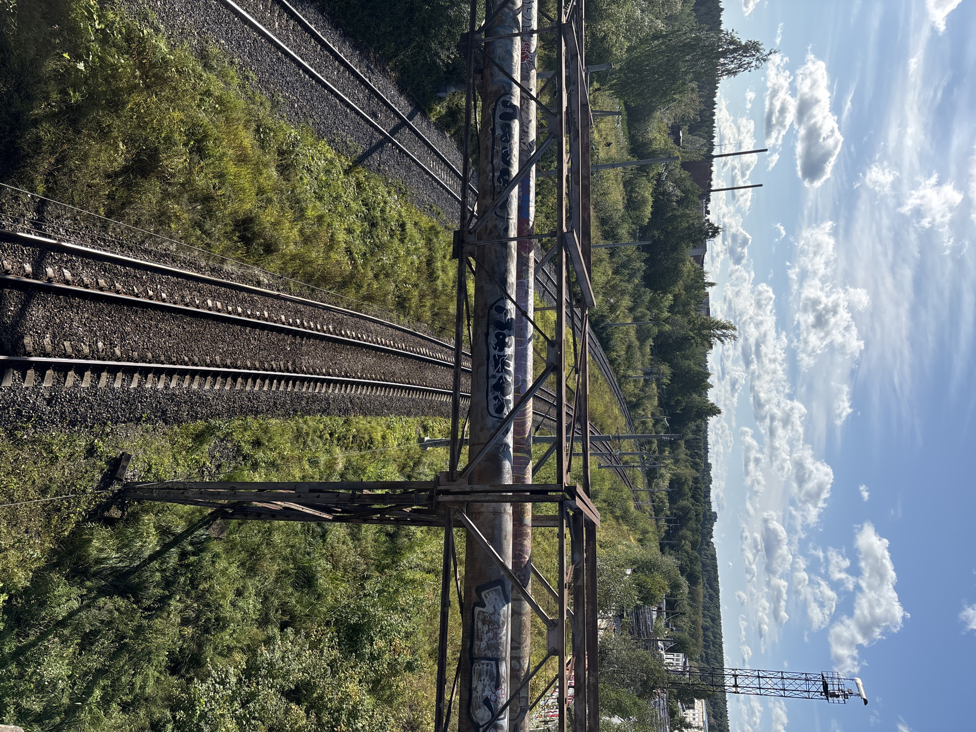 The image depicts an elevated view of a railway line running through a landscape dominated by greenery and trees. Two sets of parallel train tracks are visible, with a wide swath of grass and vegetation between them. Overhead, a metal structure supports a series of large pipes, which are covered in graffiti.
In the distance, a forest stretches across the horizon, punctuated by a few buildings and what appear to be two smokestacks. To the right, a tall, lattice-like tower stands against a blue sky dotted with white clouds. The scene suggests an industrial or semi-industrial area adjacent to a natural landscape.
Given the specific location of Petrozavodsk, Russia, this scene is likely situated near the city's railway infrastructure, possibly in an area undergoing development or redevelopment. The presence of graffiti on the pipes might indicate an urban or semi-urban setting where such urban art is common. The surrounding vegetation and the distant forest are consistent with the natural environment of Karelia, the region where Petrozavodsk is located.