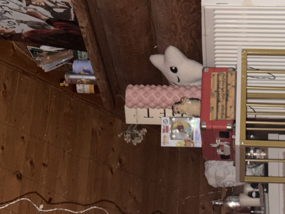 A cluttered scene with wooden walls features a white plush star, a pink egg crate, a toy hedgehog, and a Funko Pop box. A red tool box with text in a foreign language sits near an air conditioner. Below, string lights drape. Various bottles and containers are partially visible on a higher shelf, obscured by clutter and the angle of the shot.
