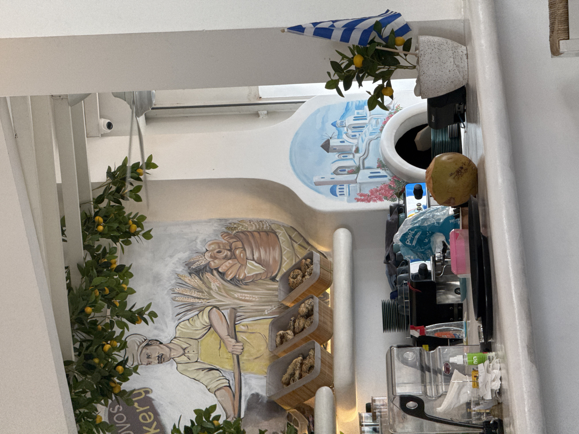 This image depicts the interior of a Greek-themed bakery or cafe, located in Denpasar, Indonesia, characterized by white walls and vibrant decor. A prominent wall mural serves as a central feature, illustrating two distinct scenes. On the lower section of the mural, a stylized male figure, likely a baker or farmer, is shown in a yellow shirt and hat, holding a long stick or tool, surrounded by stalks of wheat or grain. Below this figure, partial text "yos" and "kery" is visible, suggesting "Bakery."
Above this, the mural transitions to a scenic depiction of a traditional Greek village, with characteristic white buildings, blue-domed roofs, a windmill, and accents of pink bougainvillea-like flowers, evoking the Aegean islands. Adjacent to the mural, three tiered, rectangular wooden containers are mounted, displaying an assortment of baked goods, resembling Greek Koulouri or similar sesame bread rings.
Further enriching the Greek ambiance, a small Greek flag with blue and white stripes is positioned near the top of the wall, alongside artificial branches laden with small yellow lemons. A small, white security camera is discreetly mounted near the ceiling. On a counter to the right, a greenish-yellow fruit, possibly a coconut, is placed next to a black pot and a white planter. Various items for service or preparation, including bottles, a spray cleaner, tissues, and clear plastic dispensers, are arranged on the counter. The overall setting is brightly lit, suggesting a daytime interior.