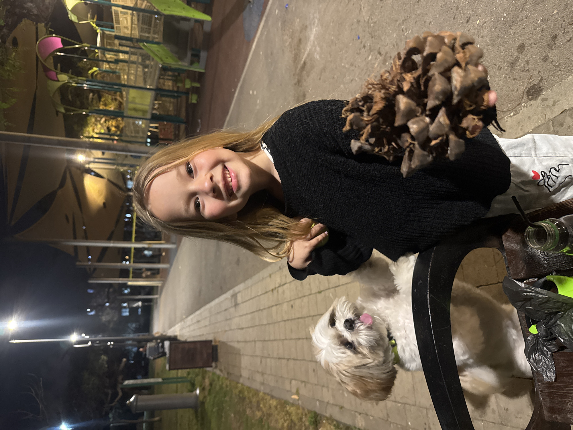 The image captures a joyful nighttime scene in what appears to be a park or urban recreational area in Bat Yam, Israel. A young girl with long blonde hair smiles brightly at the camera, holding a large pinecone in her right hand. She is wearing a black knitted sweater over a white top, on which a small embroidery of two hands forming a heart shape, with a red heart, is visible.
Beside her, a small, fluffy dog, possibly a Shih Tzu, with white and light brown fur, stands on a dark wooden bench or table, looking up towards the camera with its tongue slightly out. The girl's hand rests gently near the dog.
In the background, illuminated by artificial lights, are modern playground structures featuring green and pink elements. A paved walkway made of light-colored bricks extends into the distance, lined with trees and streetlights, which cast a warm glow on the scene. On the bench next to the dog, a clear glass bottle and a black plastic bag (possibly a dog waste bag with a green handle) are visible. The overall mood is cheerful and candid, capturing a sweet interaction between the girl and her dog during an evening outing.