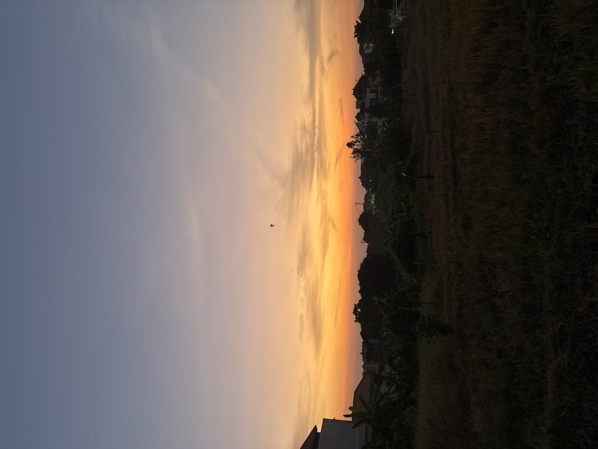 A low-angle, full shot captures a sunset in North Kuta, Indonesia. The sky is a gradient of colors, transitioning from a deep blue at the top to a vibrant orange and yellow closer to the horizon. Wispy clouds are scattered across the sky. In the foreground, a field of dry grass extends into the middle ground, where a few small trees and bushes are visible. Several houses with red-tiled roofs are scattered throughout the middle ground, partially obscured by trees. The image is dark, with the majority of the grass and foliage in shadow. The overall impression is one of a peaceful, rural sunset.