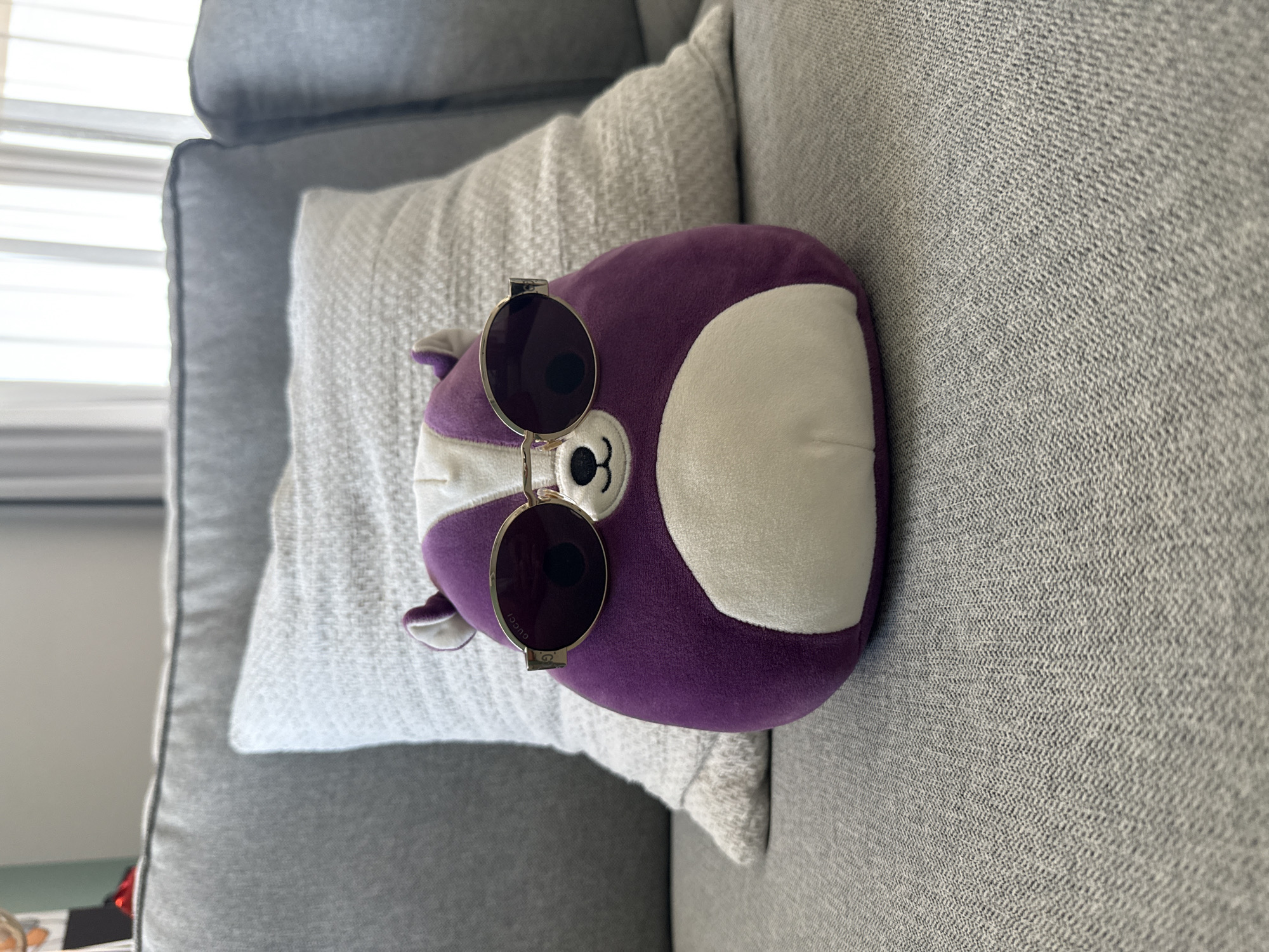 A purple and white plush toy skunk wearing gold-rimmed sunglasses is sitting on a gray sofa with a textured cream-colored pillow behind it. The skunk is positioned in the center of the frame, facing forward. The sofa appears to be in an indoor setting, possibly a living room. The background shows a window with sheer curtains, suggesting daylight. The overall scene is brightly lit. There is no indication of the location being in Paphos Municipality, Cyprus.