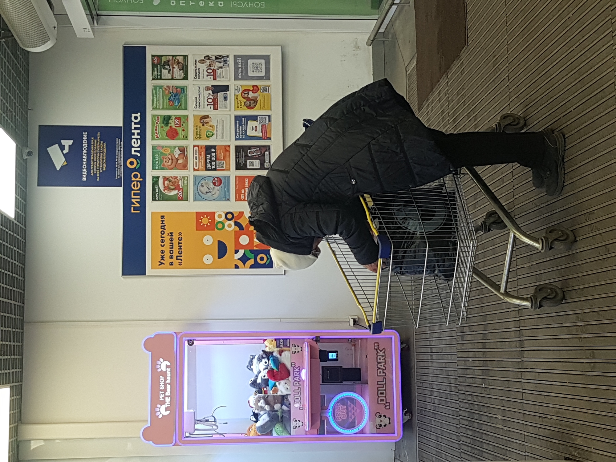 Here is a detailed description of the image:
**Location:** The image appears to be taken inside a "Lenta" hypermarket, likely in Russia given the signage.
**People:**
* One person is visible; they are wearing a dark, padded winter jacket and black trousers, bending towards a claw machine. The person is leaning over a shopping cart.
**Objects:**
* **Shopping Cart:** A typical metal shopping cart is positioned near the person.
* **Claw Machine:** A pink-framed claw machine labeled "Doll Park" is visible with various stuffed animals inside. It also has "Pet Shop The Bear Haunt" written on its side.
* **Signage:** Various signs are visible on the wall, including safety and promotional material.
* **Other:** There appears to be corrugated metal flooring on the right side of the image.
**Actions:**
* The person in the winter jacket appears to be looking at the contents of the claw machine. They might be about to play, or perhaps they are simply observing.
**Interactions:**
* The person is interacting with the claw machine. The shopping cart seems to be used as support.
**Environment:**
* The environment looks like a typical hypermarket or shopping mall. The interior lighting appears to be bright. The area appears somewhat cluttered with the various displays and machines.