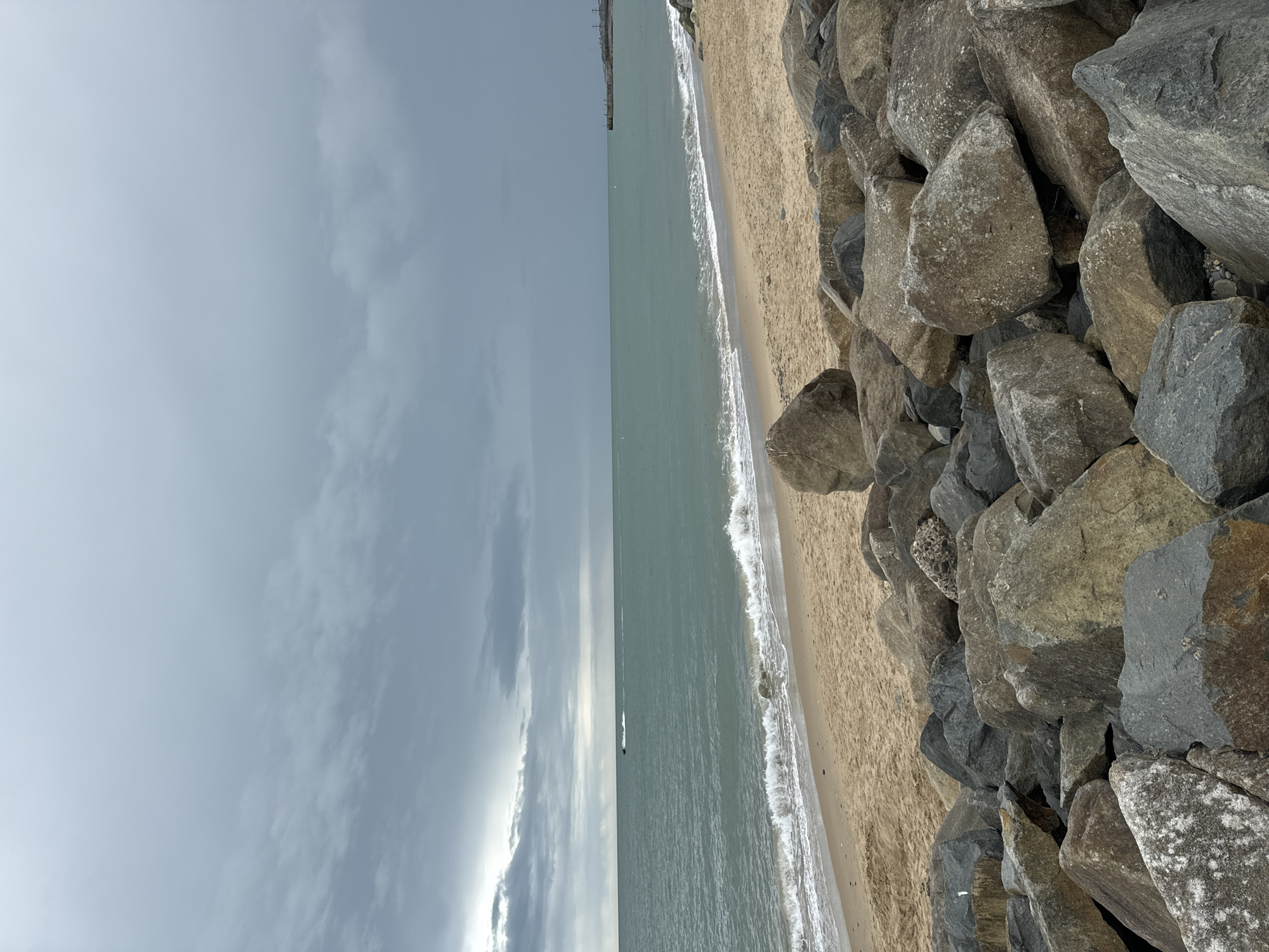 The image shows a beach scene in Courtown, Ireland, under a cloudy sky. In the foreground, large, grey and brown rocks are piled along the shoreline. A sandy beach stretches out to the sea, where gentle waves are breaking. The sea is a murky green color, and a distant pier or jetty can be seen on the right horizon. A small object, possibly a jet ski, is visible in the middle distance on the water. The overall atmosphere is overcast and somber.