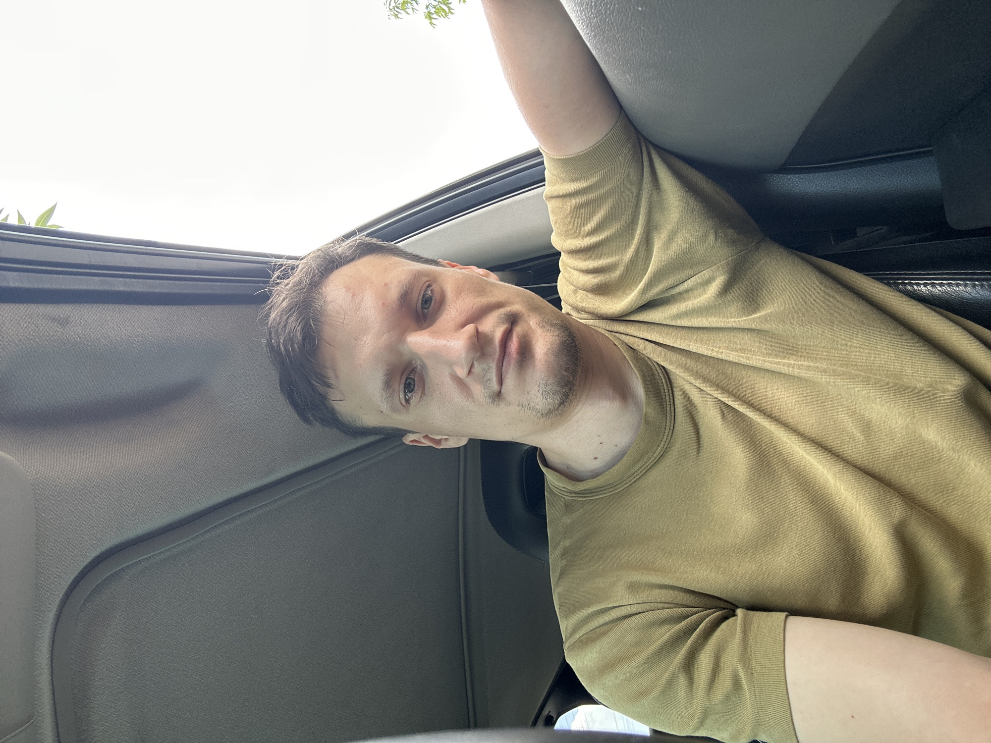 A man with short brown hair and a light beard is inside a car, leaning against the door frame. He is wearing a plain, short-sleeved olive green t-shirt. The interior of the car, including the ceiling and a portion of the seat, is visible. The scene appears to be outdoors, with a bright, overcast sky visible through the open car window, and a few green leaves from a tree can be seen. The lighting suggests it is daytime.