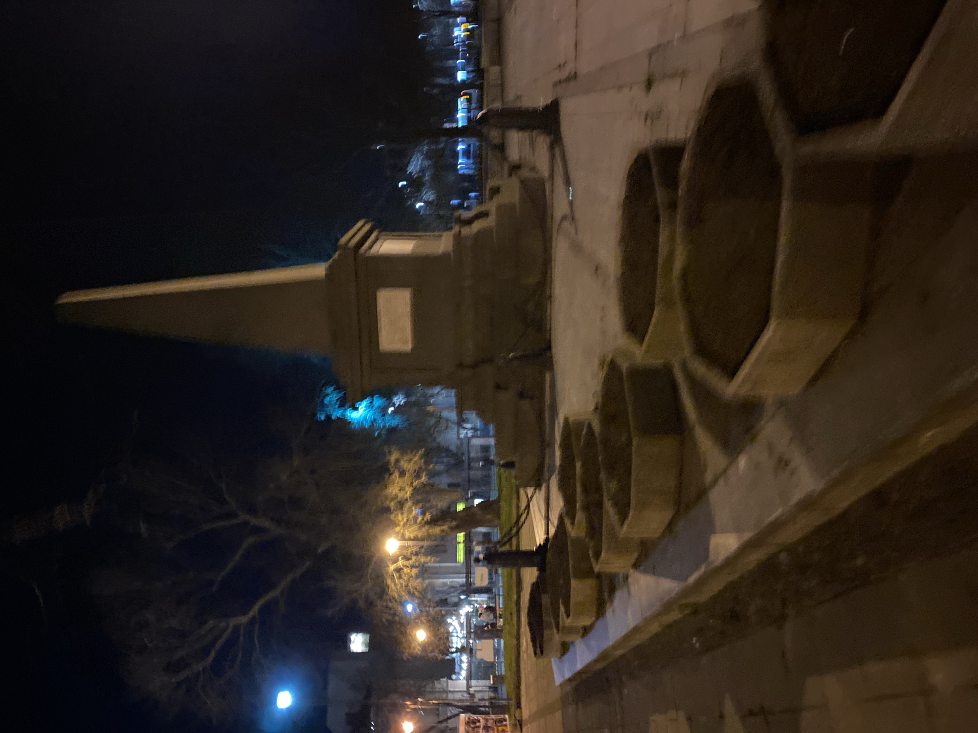 At night in Varna, Bulgaria, a dimly lit street scene focuses on a tall, stone obelisk monument in the foreground. Adjacent to the monument are hexagonal planters. In the background, blurred lights from buildings and street lamps suggest an urban environment. The overall lighting is low, with the available light casting shadows and obscuring details. A bare tree is visible to the left of the monument. There are blurred lights in the distance, indicating the presence of traffic or urban activity.