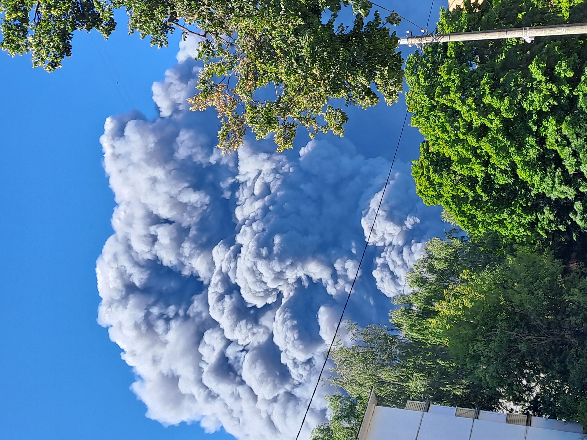 A large plume of dark gray smoke rises into a clear blue sky, obscuring the upper portion of the image. The smoke appears dense and turbulent, with visible swirling patterns. In the foreground, lush green trees with dense foliage fill the lower and right portions of the frame. To the left, a portion of a white building with multiple windows is visible. Electrical wires crisscross the scene, with a utility pole present on the right side. The presence of dense smoke suggests a significant event, possibly a fire or industrial accident, occurring within or near the city of Elektrostal, Russia.