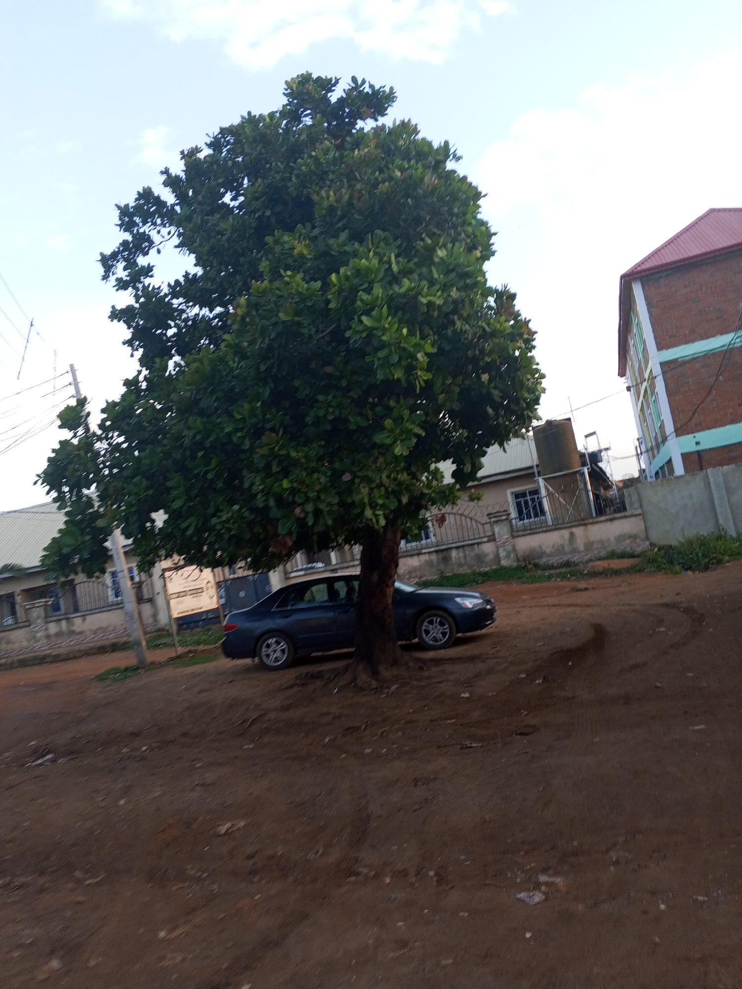 A wide shot depicts a blue four-door sedan parked under a large leafy tree. The car is positioned on the side of a dirt road. In the background, there are buildings. One is a single-story structure with a white roof and a fence, while the other is a two-story brick building with a red roof. The sky is partly cloudy. The image was captured outdoors during daylight in the city of Abuja, Nigeria. No people are visible.