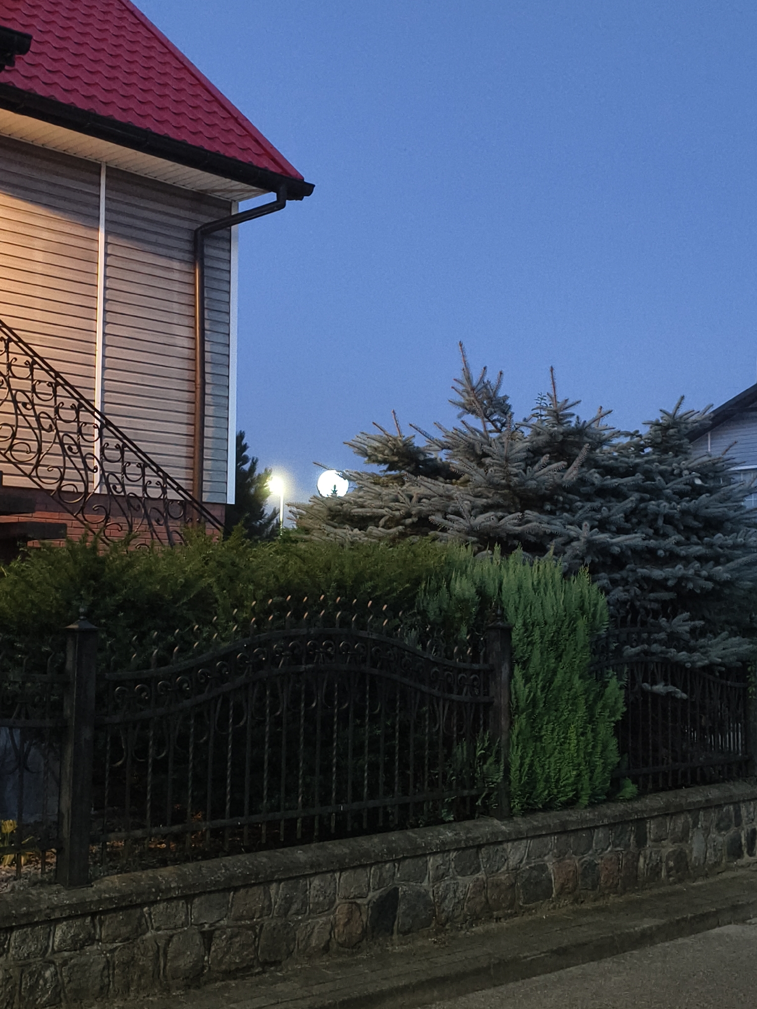 The image depicts a twilight scene outside a residential property in Tczew, Poland. On the left, the side of a house with beige horizontal siding and a red, pitched roof is visible. A black metal railing with decorative scrollwork ascends a staircase leading to the house. A black metal fence with a repeating pattern of scrolls and vertical bars runs across the foreground, set on top of a low stone wall. Behind the fence, dense green bushes and several large evergreen trees, likely spruce, dominate the midground. In the background, a bright light illuminates the scene, and a large, pale circle, possibly the moon, is visible in the clear blue sky. The overall impression is one of a well-maintained, suburban dwelling.
