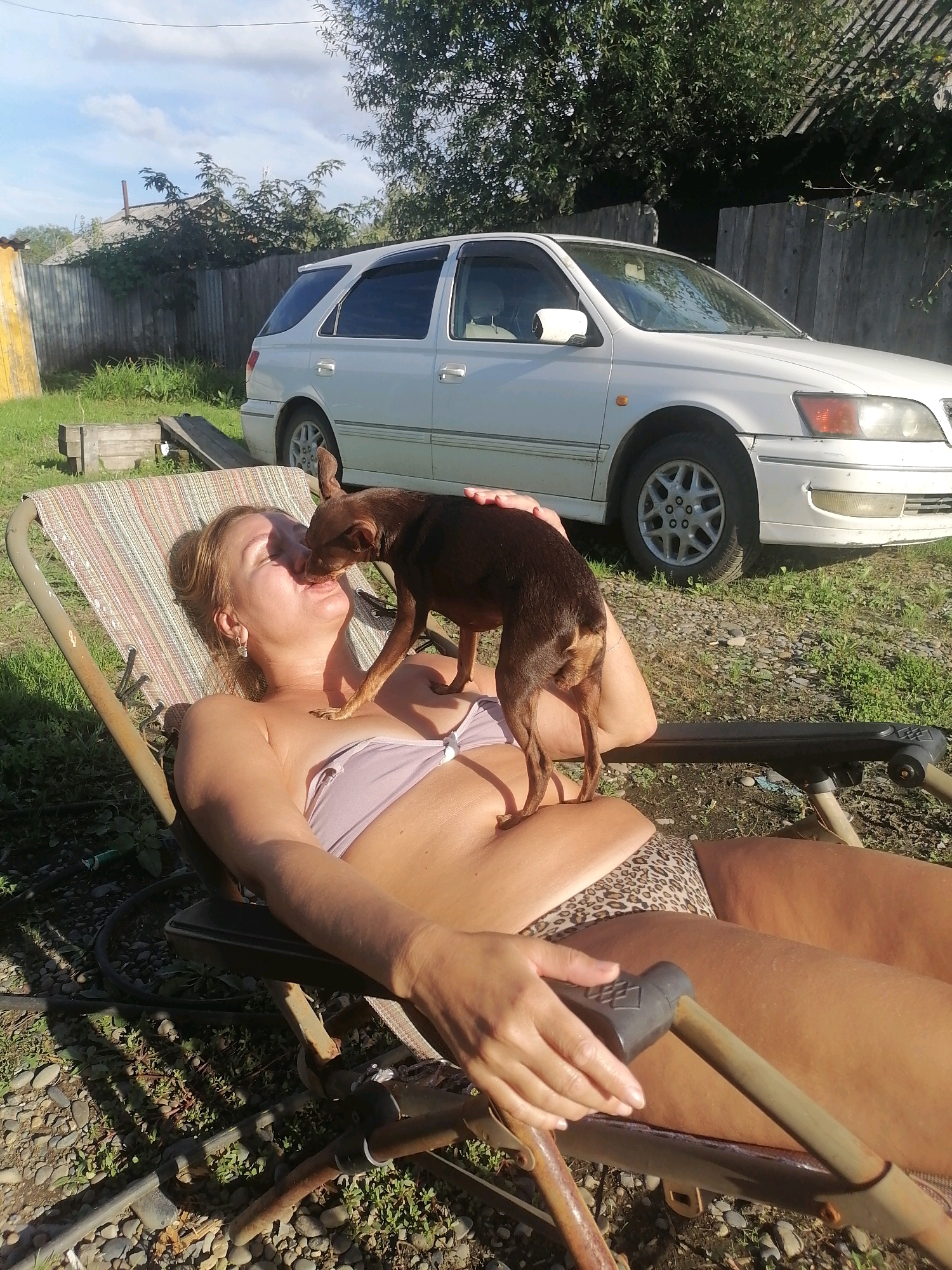In a rural outdoor setting, a woman is reclining on a striped lounge chair in what appears to be a backyard. She is wearing a light pink bikini top and leopard-print bottoms. A small brown dog, possibly a chihuahua or toy terrier, is standing on the woman's chest and appears to be kissing her on the nose. The woman has her eyes closed and a slight smile, suggesting a moment of affectionate interaction with the dog.
Behind the woman and the lounge chair, a white station wagon is parked on a gravel and grassy area. The car is facing towards the left side of the frame. In the background, there is a weathered wooden fence and some trees. The scene suggests a warm, sunny day, possibly late afternoon due to the long shadows. The overall atmosphere is relaxed and intimate, focused on the interaction between the woman and her dog. The location cues, such as the fence and the style of the house in the background, along with the provided location context of Novopokrovka, Russia, indicate a rural Russian environment. There is no visible text in the image.