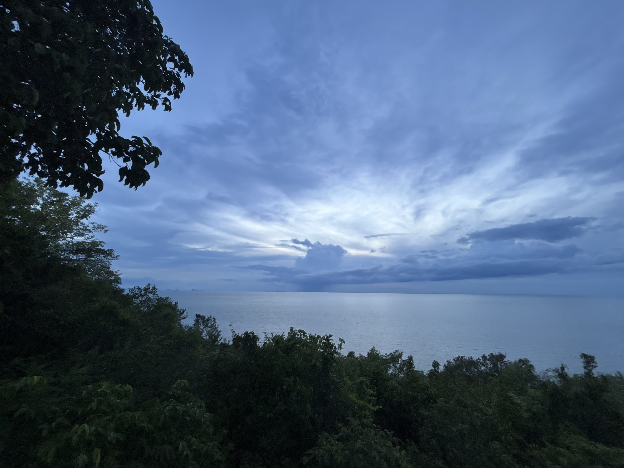 The image captures a panoramic view of a coastal landscape in ตำบลเกาะพะงัน, Thailand, likely at dusk or dawn, characterized by subdued natural light. The upper half of the frame is dominated by a cloudy sky, displaying a gradient of blue and gray hues. Streaky, wispy clouds are visible in the upper sections, transitioning to a denser, more turbulent cloud formation, including a large, dark cumulonimbus-like cloud mass positioned centrally above the horizon, potentially indicating distant weather activity. A narrow band of lighter sky is visible just above the distant horizon.
The middle section of the image features a calm expanse of open sea, reflecting the muted tones of the sky. The water surface appears relatively smooth with minor textural variations.
The lower half and left side of the frame are densely covered with dark green tropical foliage, primarily trees and bushes, suggesting a steep, vegetated coastline or hillside. A prominent, silhouetted tree branch with discernible leaves extends into the upper left quadrant of the image. On the distant horizon, toward the left, faint outlines of small islands or landmasses are discernible. No human figures, structures, or artificial objects are present within the scene.
