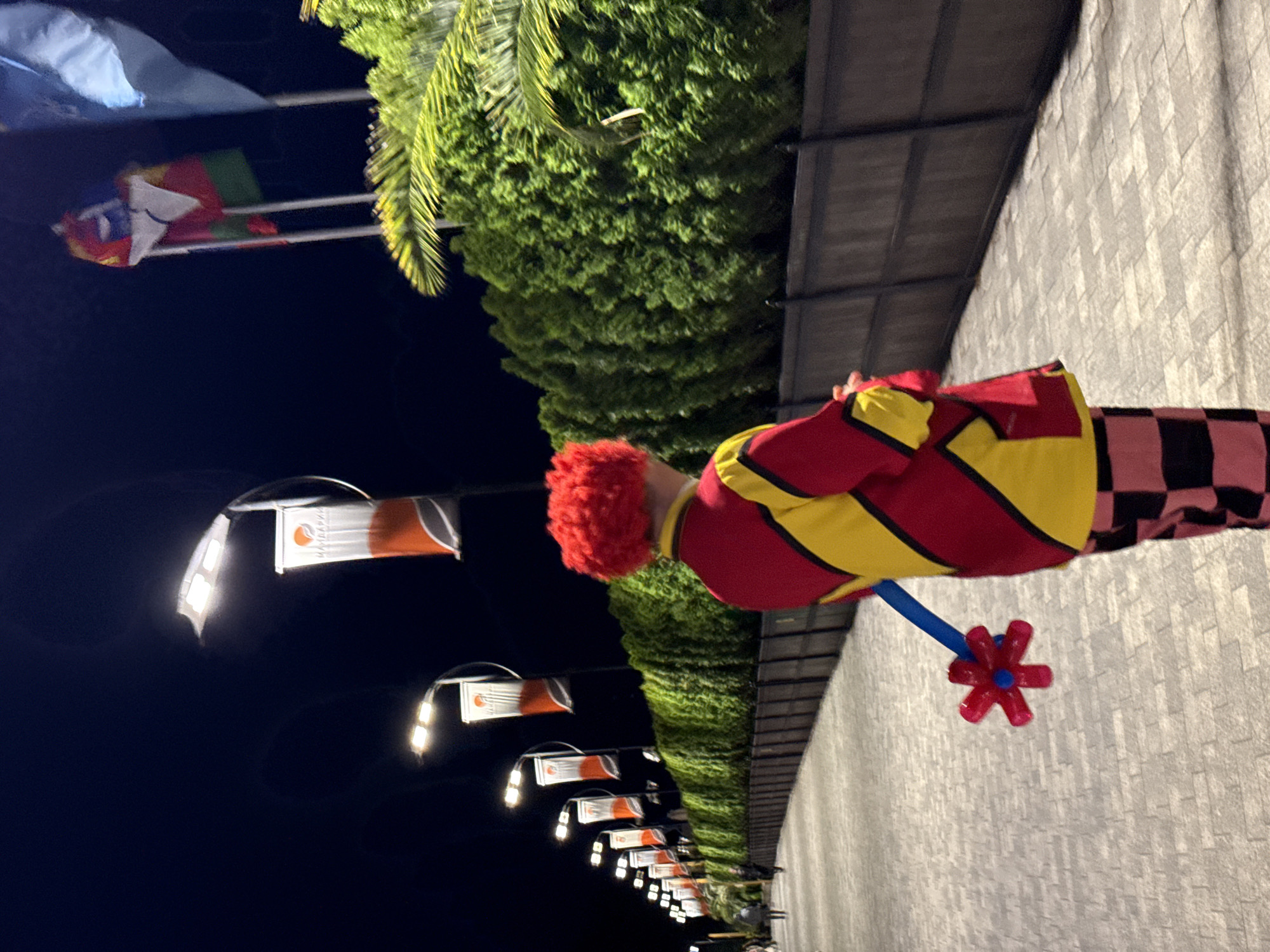 A clown stands on a sidewalk next to a concrete wall. He is wearing a red wig, red and yellow top, and checkered pants. He holds a red flower on a blue stick. In the background are trees, a line of banners, and flags. The banners have "Mandarinn" written on them. The location is Sochi, Russia.