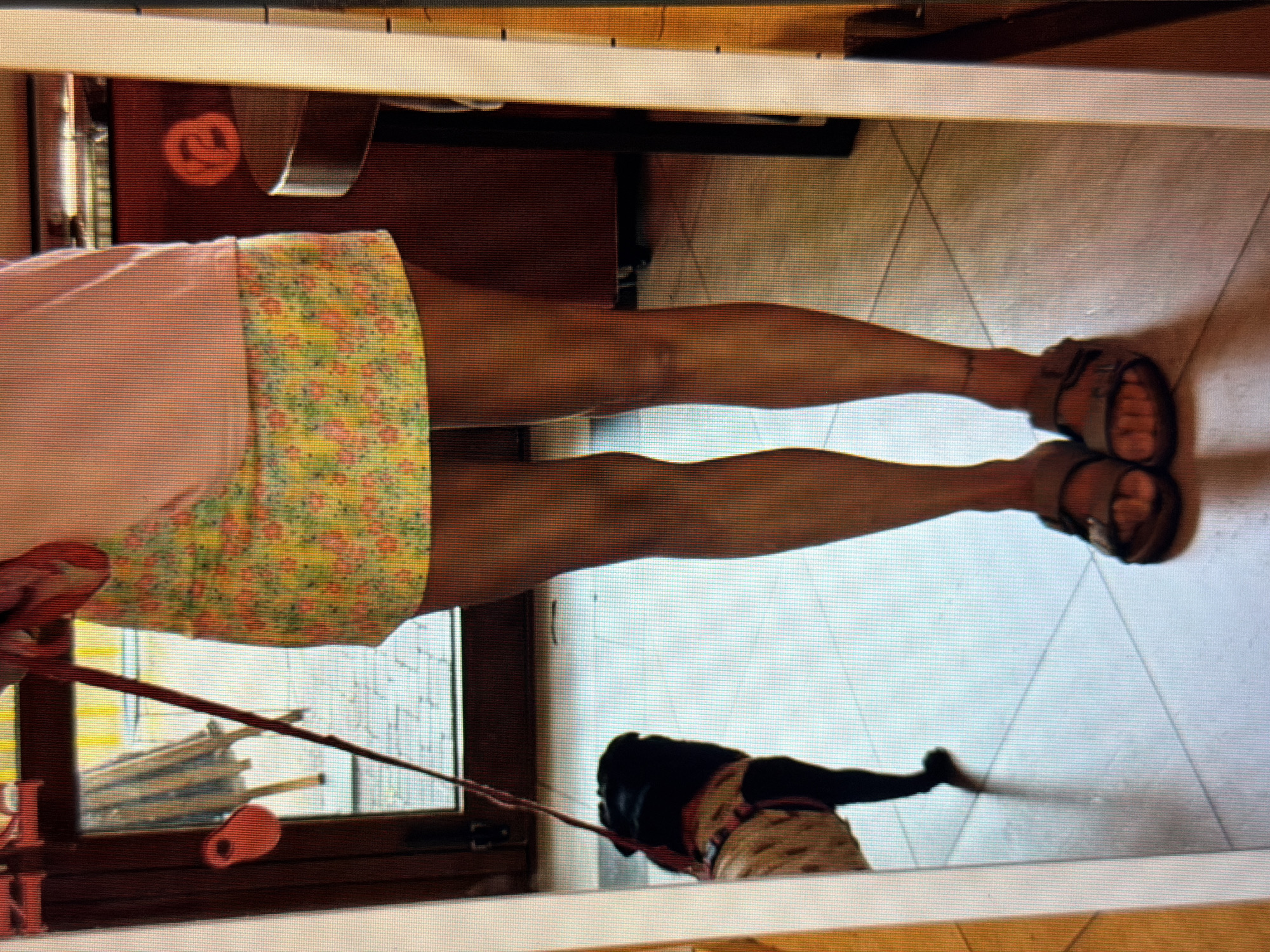 The image shows a person's lower body and legs, standing indoors on a tiled floor. The person is wearing a light pink t-shirt, a floral print skirt, and brown Birkenstock-style sandals. A pug dog is visible on a leash to the left of the frame, wearing a tan and red harness. The background includes a doorway with glass panes and a glimpse of outdoor greenery, as well as part of a dark wooden table and a dark red cabinet. The scene is reflected in a mirror, suggesting the photo was taken in a mirrored surface. The location is not identifiable as Sirius, Russia.