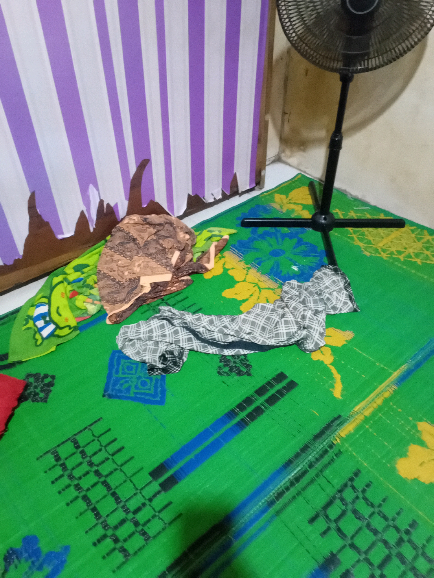 The image depicts a cluttered indoor scene, likely a bedroom or living area, with a green woven mat covering the floor. On the mat are several articles of clothing: a brown patterned fabric, a green cloth with a cartoon character, and a grey and white checkered garment. A black electric fan on a stand is positioned near the corner of the room. In the background, a window with purple and white striped curtains is visible. The overall impression is one of disarray. The specific location within Pekanbaru, Indonesia, cannot be determined from the visual information provided.