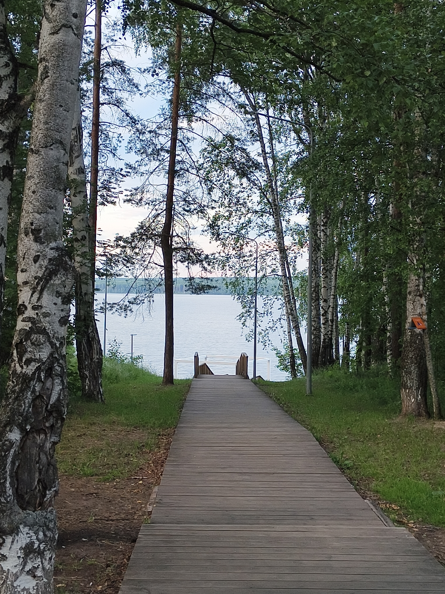 An empty wooden boardwalk leads down to a large, calm body of water, likely the Kama River, in Chaikovsky, Russia. The boardwalk is flanked by lush green grass and a dense forest of birch and pine trees, with sunlight filtering through the leaves. The sky is overcast with hints of pale blue and pink, suggesting either early morning or late evening. The scene is tranquil and devoid of human presence, creating a serene natural environment.