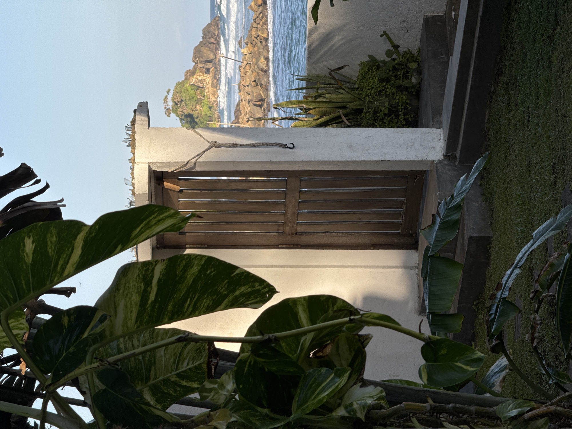 The image shows a partially obscured view of a building entrance and the ocean. In the foreground, lush green foliage with variegated leaves dominates the left side of the frame, partially obscuring a white wall and a wooden gate. The gate, made of vertical wooden planks, is slightly ajar. To the right of the gate, a white wall extends outwards, with a rope tied to a hook on its side. Beyond the wall, a small, verdant island topped with trees rises from the turquoise ocean. The water exhibits moderate waves crashing against a rocky shoreline. A few wooden stakes are visible in the water near the island, possibly part of a structure or fishing equipment. The sky is a clear, pale blue, suggesting daytime. The setting appears to be a tropical coastal area, consistent with the location of Goviyapana, Sri Lanka.