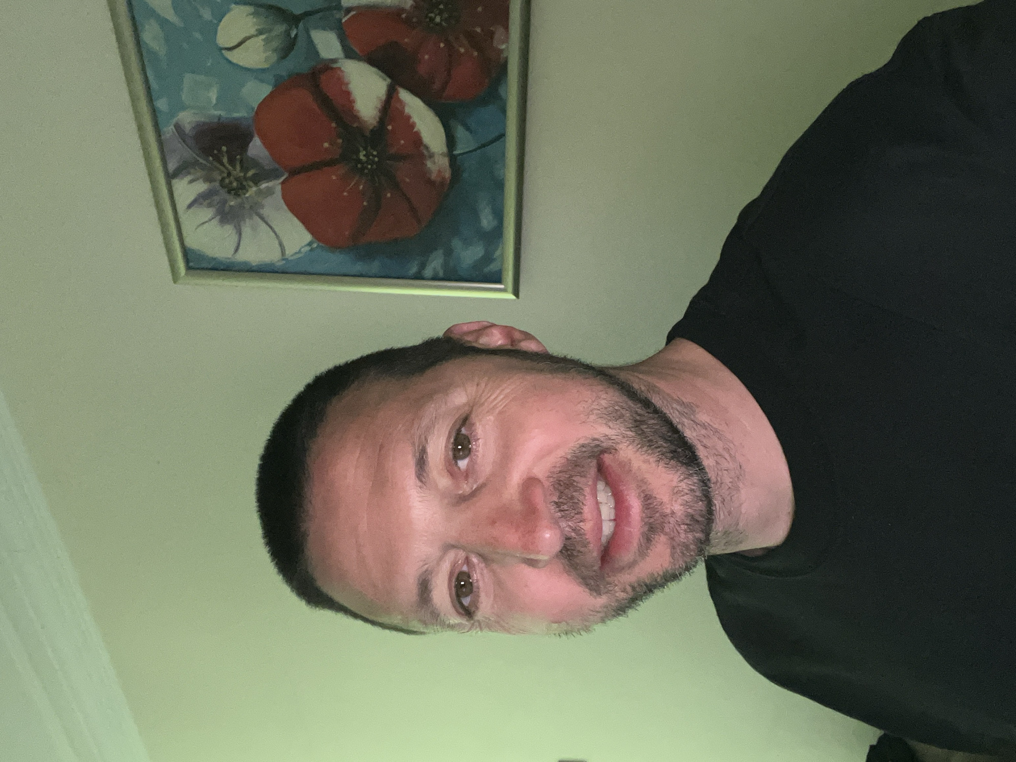 The image displays a close-up, rotated portrait of an adult male, turned 90 degrees clockwise. The man, appearing to be in his 30s or 40s, has short dark hair and a neatly trimmed beard or stubble. He possesses brown eyes and offers a slight, friendly smile towards the camera, revealing some teeth. He is dressed in a plain black t-shirt or top.
The setting is indoors, featuring a wall painted in a light, muted green or off-white hue. In the upper left background, a framed painting is visible. This artwork depicts stylized flowers, possibly poppies, in shades of red and purple with white accents, set against a light blue background. The frame is metallic. The lighting is artificial and soft, suggesting an indoor environment without direct natural light.
The man is posing directly for the photograph, indicating a selfie or a closely taken portrait. His expression conveys a pleasant or neutral emotion. Although no specific location cues are present within the image, the provided context indicates the location is Sofia, Bulgaria. There is no discernible text visible in the frame.
