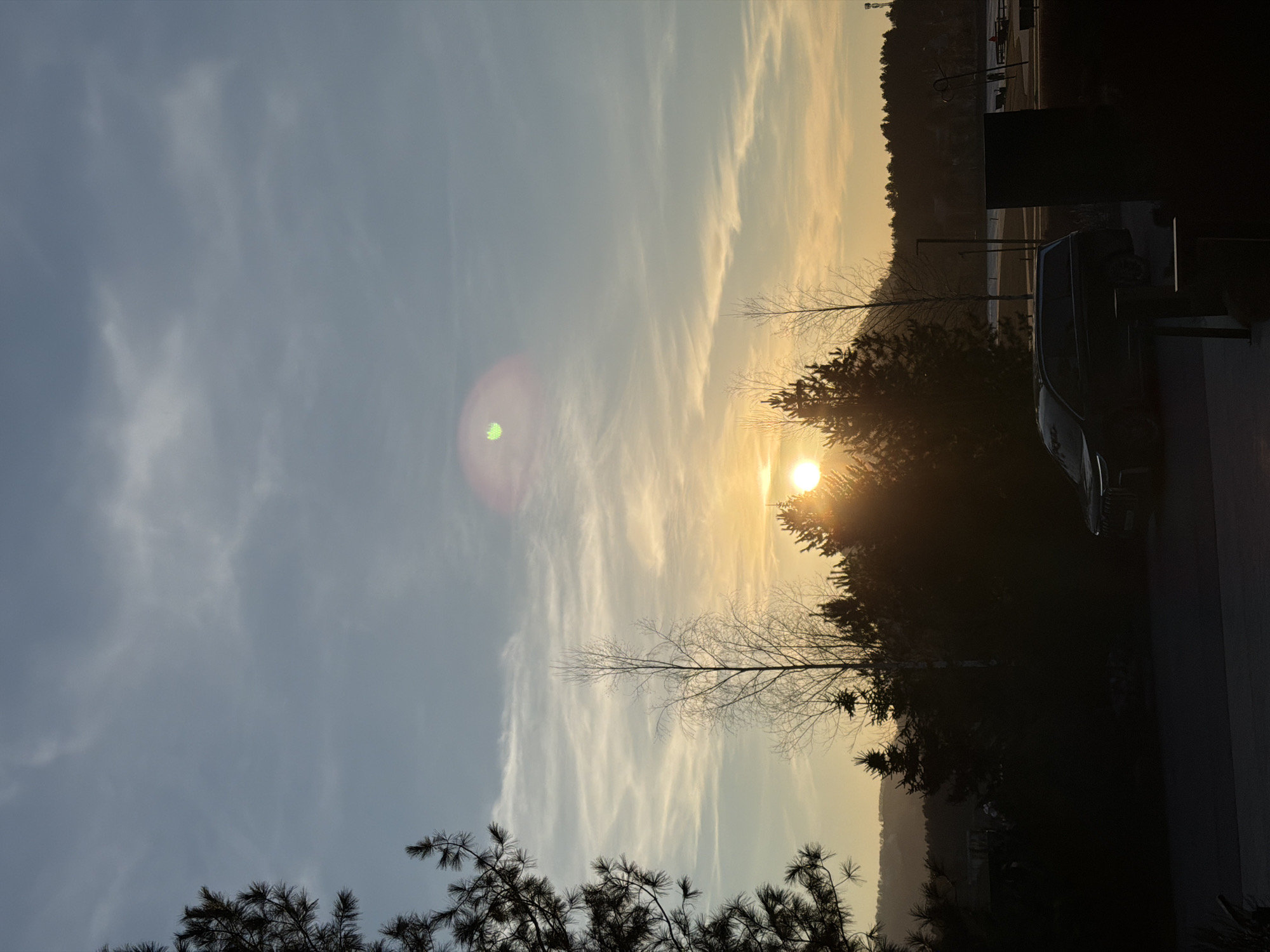 The image shows a sunset in Озёрное, Russia. Wispy clouds stretch across the sky, transitioning from a pale blue-gray to a golden hue as the sun nears the horizon. The sun itself is partially obscured by trees, creating a burst of light. The silhouettes of pine trees appear in the foreground. A dark-colored car and indistinct structures are visible on the right. In the distance, across a body of water, is a wooded shoreline.