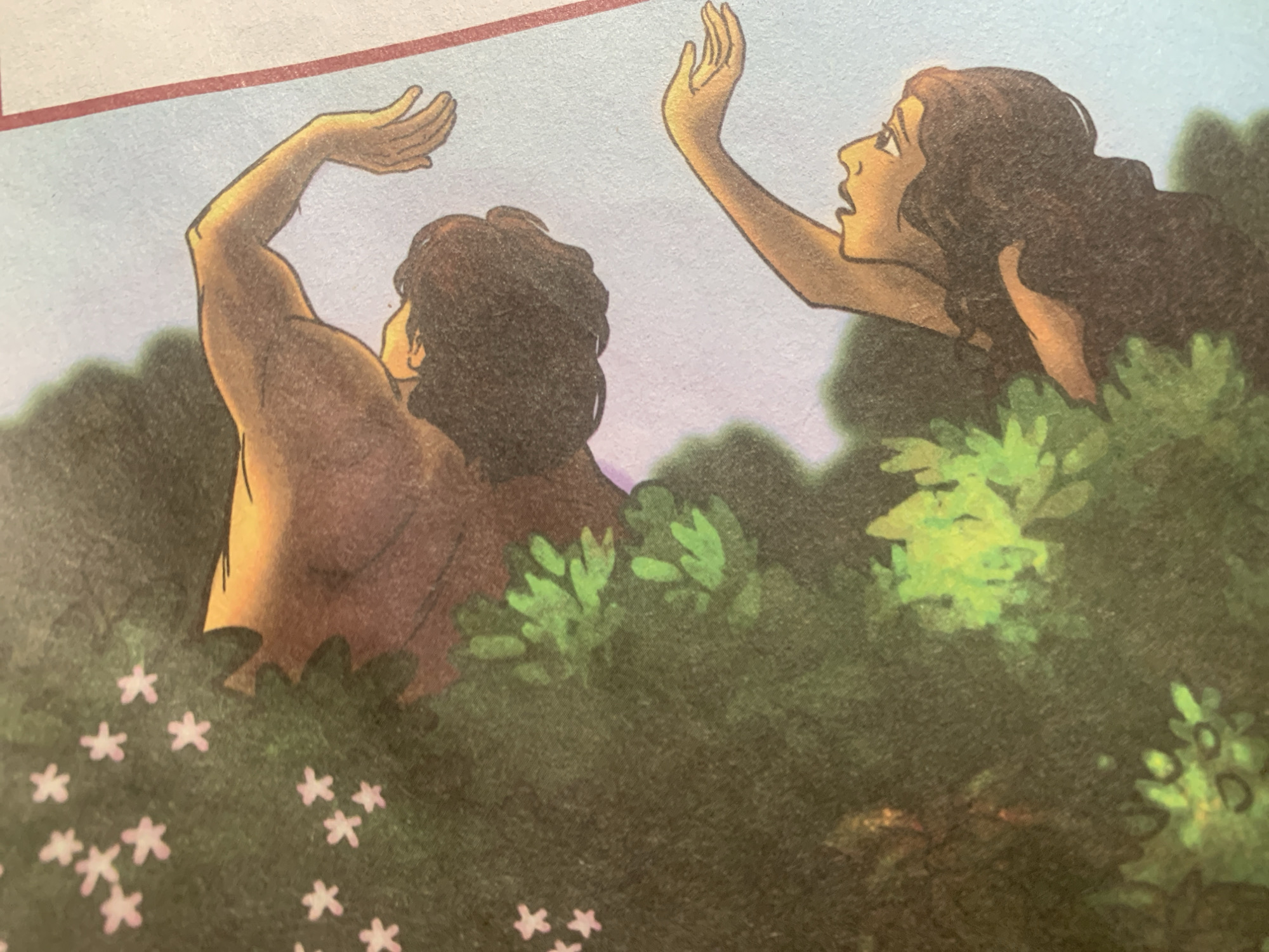 The image depicts a close-up of an illustration featuring two human figures partially obscured by foliage. The figures, rendered in a warm, golden skin tone, appear to be reclining or reaching upwards. One figure, positioned higher and further to the right, has an arm extended with fingers splayed. The other figure, below and to the left, has its head tilted back, looking upwards, with an arm bent at the elbow and the hand open. Both figures have dark hair. Lush green foliage, interspersed with small pink floral elements, dominates the foreground. The background transitions to a light blue sky, bordered by a thin red line on the right edge. The scene does not provide any visual cues or context related to the city of Jauro Yinu, Nigeria.