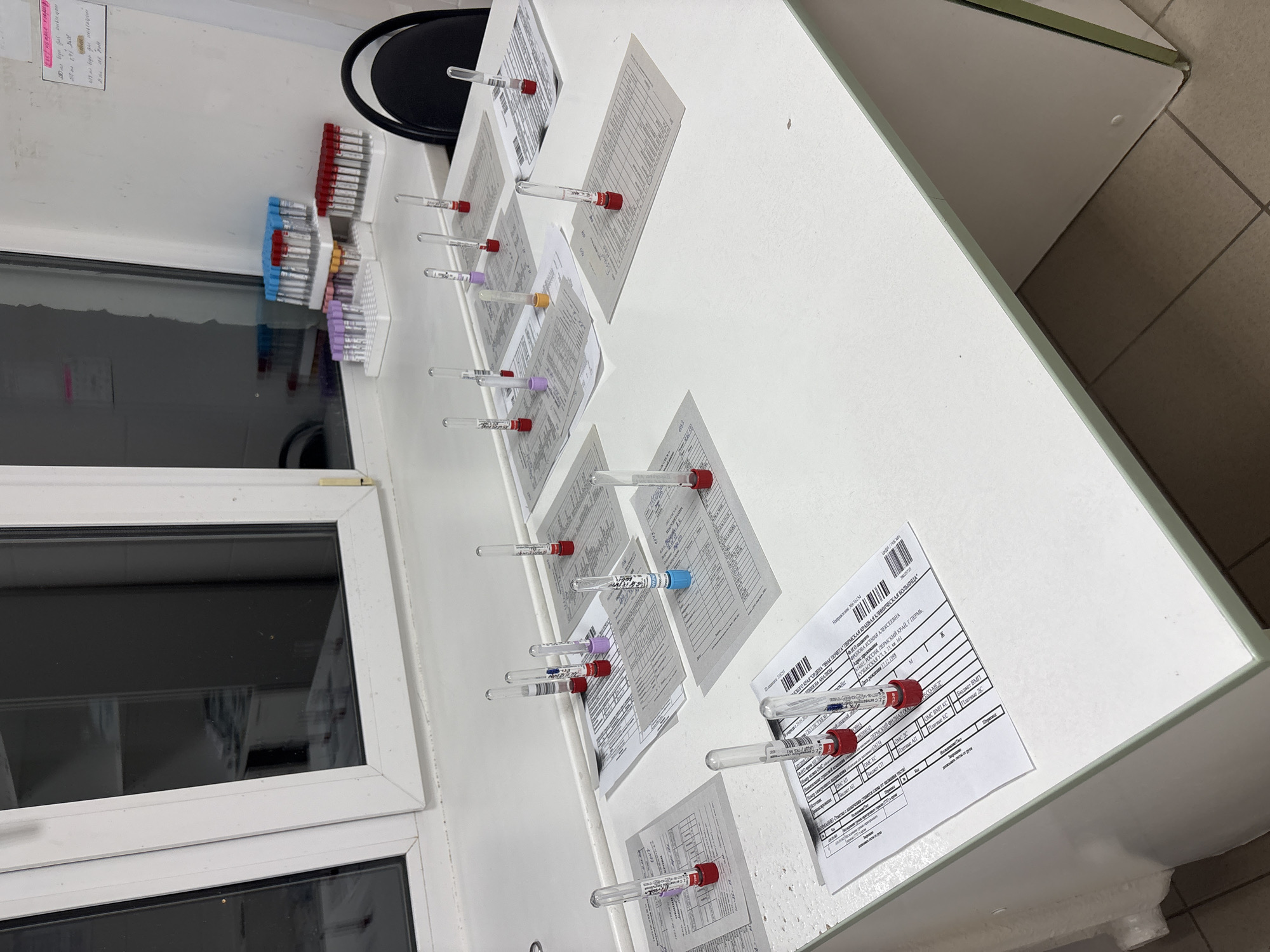A well-lit, indoor scene shows a white countertop laden with blood collection tubes affixed to printed medical request forms. The tubes have varied colored tops (red, purple, gold, blue) indicating different additives for specific tests. Several racks hold additional tubes organized by color. Through a window, a cityscape reflecting on the glass is visible. One of the forms indicates it's for "FROLOVA KSENIIA ALEKSEEVNA" residing at "KUZBASSKAIA UL. D. 33, k. 161" in Perm, Russia. The form also states "Permian Regional Clinical Hospital." The overall scene suggests a blood draw station in a clinical laboratory.