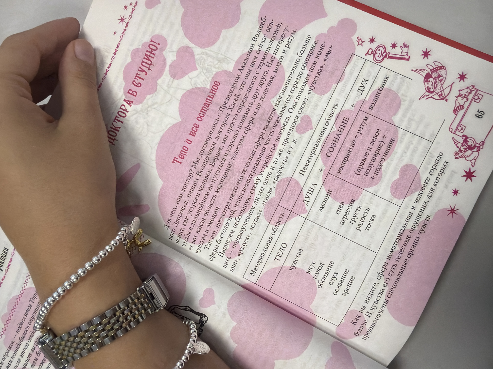 The image shows a close-up of an open book with pink cloud and heart decorations on the pages. A person's left forearm, adorned with a silver beaded bracelet and a watch with a silver band, rests on the book. The book's left page contains Russian text and a table dividing "Material realm" (Материальная область) into categories like "BODY" (ТEЛО) with sub-items such as "feelings" (чувства), "taste" (вкус), "hunger" (голод), "smell" (обоняние), "hearing" (слух), "balance" (осязание), and "sight" (зрение). The right page has Russian text that discusses "Body and everything else" (Тело и все остальное) and a table that includes "SOUL" (ДУША) with sub-items like "emotions" (эмоции), "anger" (гнев), "aggression" (агрессия), "joy" (радость), and "sadness" (тоска), and "SPIRIT" (ДУХ) with "sorcerer" (волшебник). The text also refers to the "Non-material realm" (Нематериальная область) and "CONSCIOUSNESS" (СОЗНАНИЕ). The scene is illuminated with natural light. There are no discernible landmarks or elements that would indicate a specific location in Homyel, Belarus.
