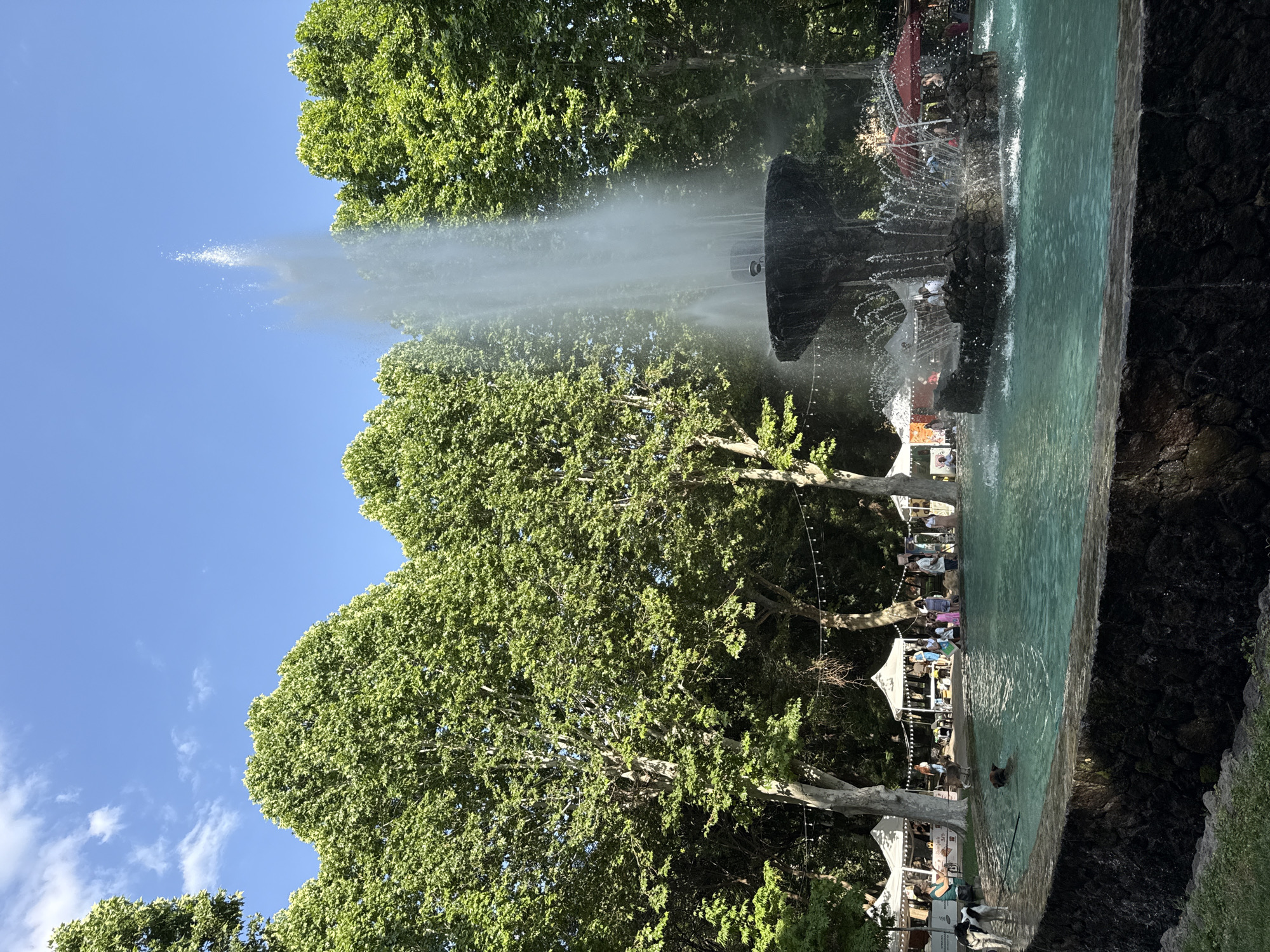The image depicts a large fountain in a park in Yerevan, Armenia, likely in the vicinity of a marketplace or public gathering area. The fountain, with its dark, sculpted basin, is actively spraying water upwards, creating a misty effect. The water in the basin is a vibrant turquoise color. Surrounding the fountain are large, mature trees with lush green foliage, indicating a warm, sunny day with a clear blue sky. In the background, several white and red tents are set up, suggesting an outdoor market or festival. People are visible in the background, some near the tents and others near the fountain. Two dogs are in the foreground, with one partially submerged in the water. The overall scene conveys a sense of a pleasant, active day in a public park.