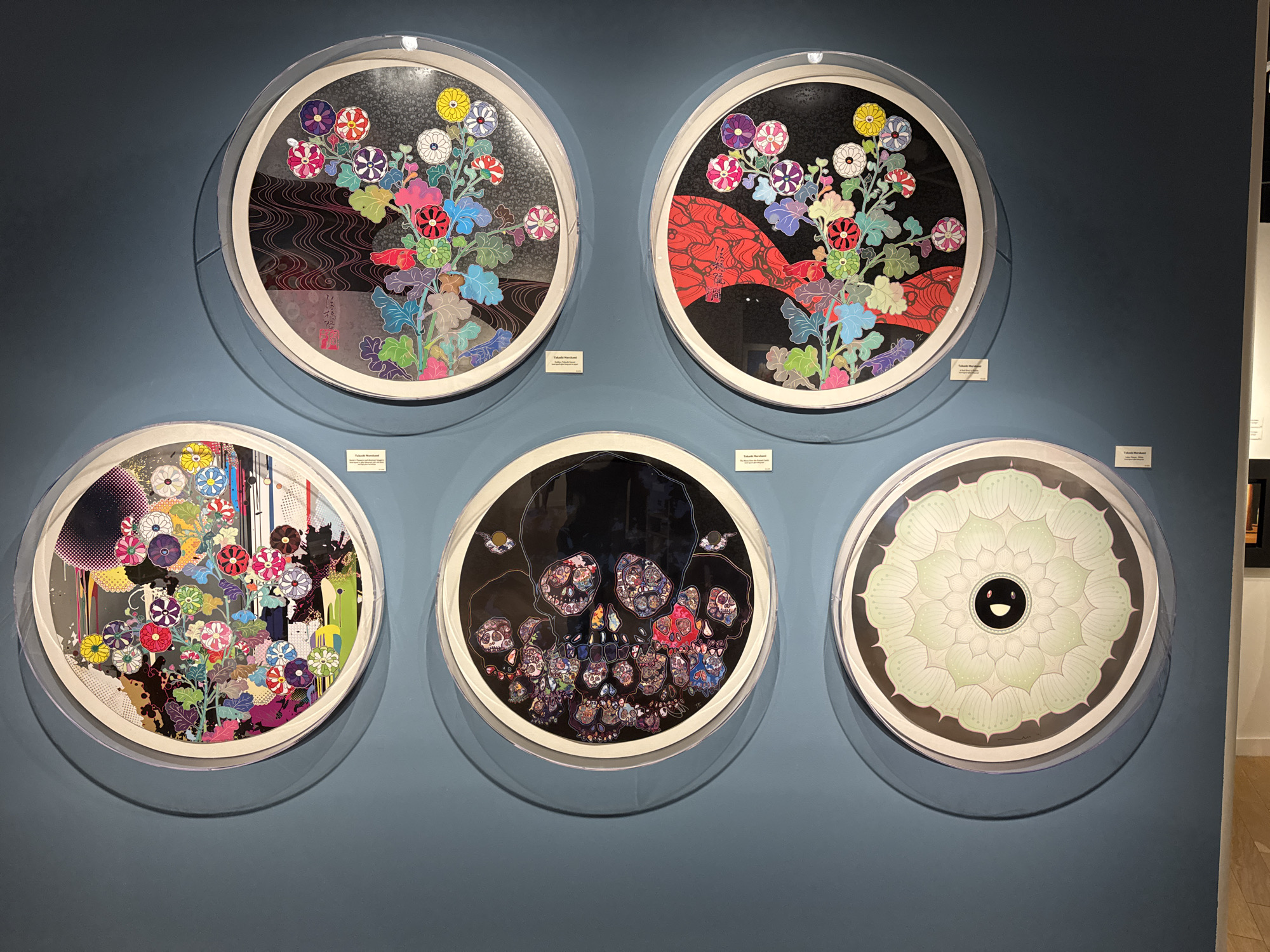 Five round artworks are displayed on a blue wall. From left to right, top row: a circular artwork with colorful floral patterns on a black background, and a similar artwork with a red pattern. Bottom row: a floral-patterned artwork, an artwork with skull motifs, and a pale green mandala-like design with a black smiley face at the center. Small informational labels are placed beneath each artwork. The scene appears to be within a museum setting. The artworks are located in Schaumburg, United States of America.