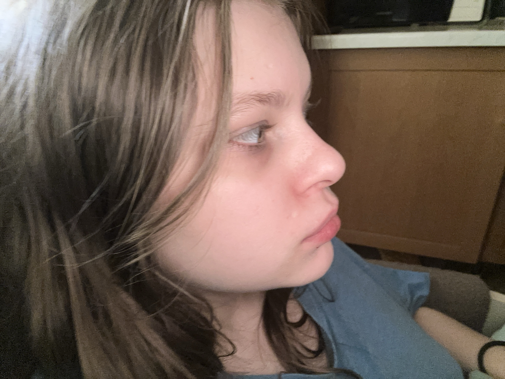A young person with light skin, light brown hair with blond highlights, and blue eyes is shown in a side profile. They are wearing a blue t-shirt. The background includes brown wooden cabinets and a dark object on top of the cabinets. The location is unknown and there is no indication that the location is Moscow, Russia.