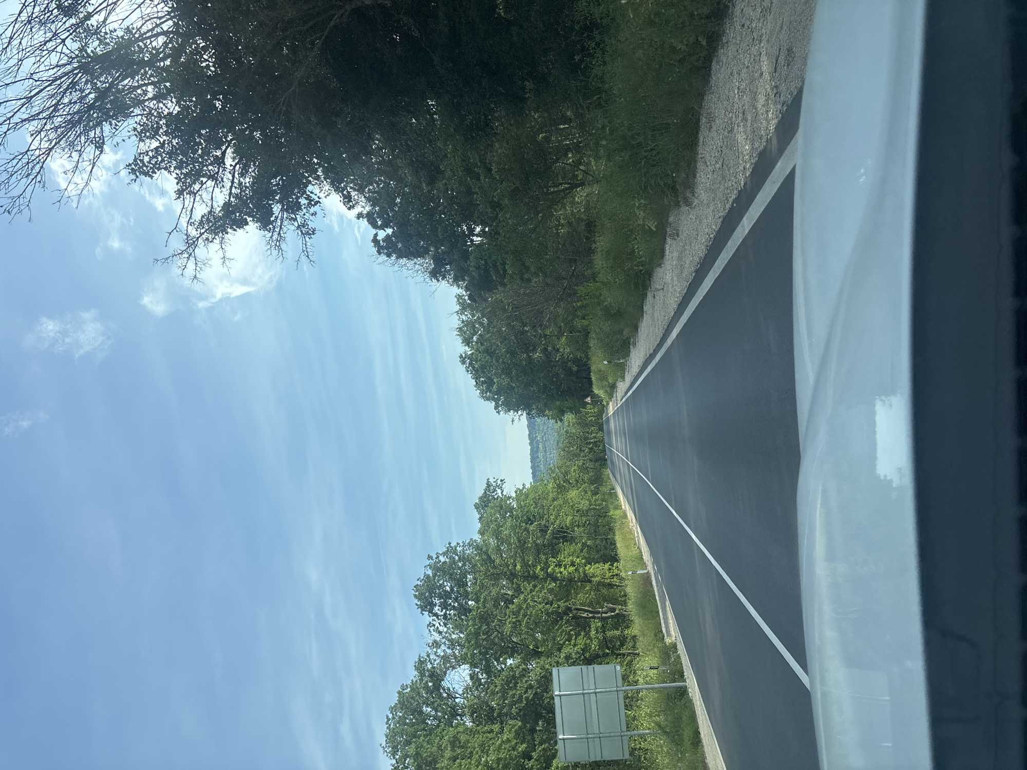 The image presents a forward-facing view from inside a light-colored vehicle, capturing a straight asphalt road extending into the distance under a blue sky with scattered white cirrus clouds. The vehicle's hood is visible across the bottom of the frame. The road surface is dark gray asphalt, bordered on the right by a solid white line and marked in the center by a broken white line. Dense green deciduous trees and overgrown vegetation line both sides of the road, forming a natural corridor. On the left shoulder, a rectangular, metallic gray sign, blank and mounted on two poles, is visible. The shoulders on both sides consist of green grass and patches of light-colored gravel. In the distance, beyond the immediate tree line, vegetated hills are visible against the horizon. A small red triangular warning sign is partially obscured on the right side of the road further down. The scene is illuminated by daylight, and no people or other vehicles are visible. This location is identified as being within the area of Tsarkva, Bulgaria.