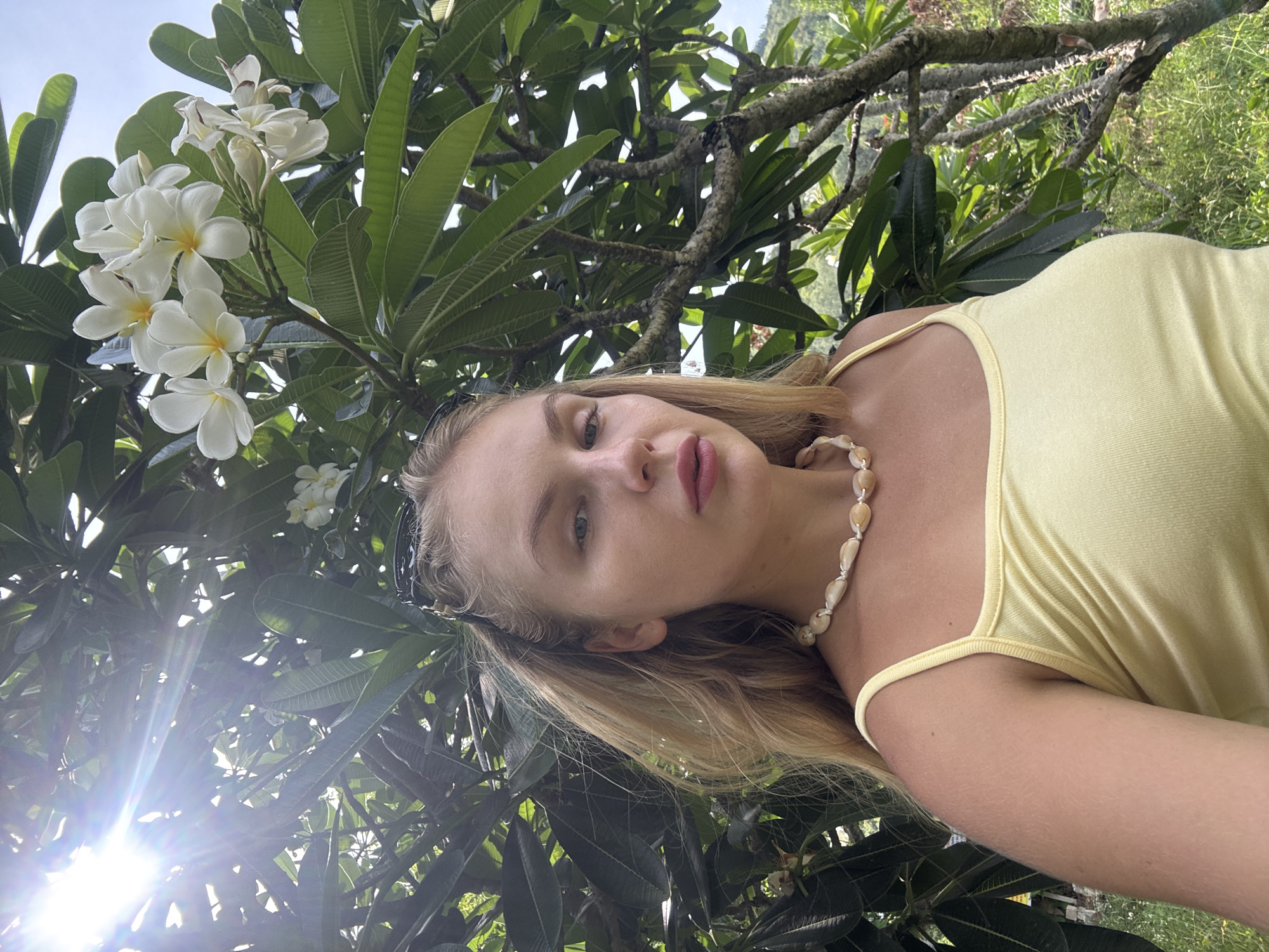 In this medium shot, a young woman with blonde hair and fair skin is photographed outdoors amidst lush green foliage and white plumeria flowers. She is wearing a light yellow tank top and a seashell necklace. The image is taken from a low angle, looking up towards the woman and the surrounding trees, with the sun glinting brightly through the leaves. The woman's face is partially obscured, with her eyes looking towards the camera, and her lips are slightly parted. She appears relaxed and possibly enjoying a warm, sunny day. The background consists of dense greenery, suggesting a tropical or subtropical location. The presence of plumeria flowers further hints at a warm climate. The lighting indicates it is daytime, likely morning or afternoon, with bright sunlight. No text is visible in the image. The context of Nam Nha Trang Ward, Vietnam, reinforces the impression of a tropical setting.