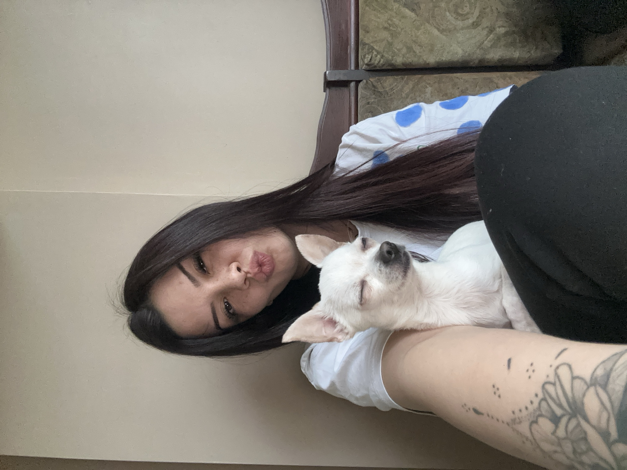 A young woman with long, dark hair is holding a small, white chihuahua in her arms. The woman is wearing a white shirt with blue polka dots and black pants. The dog has its eyes closed. The woman is looking at the camera with a pout on her lips. Her right arm shows tattoo art of flowers. They are in an indoor environment. The location is not discernable as Sliven, Bulgaria.
