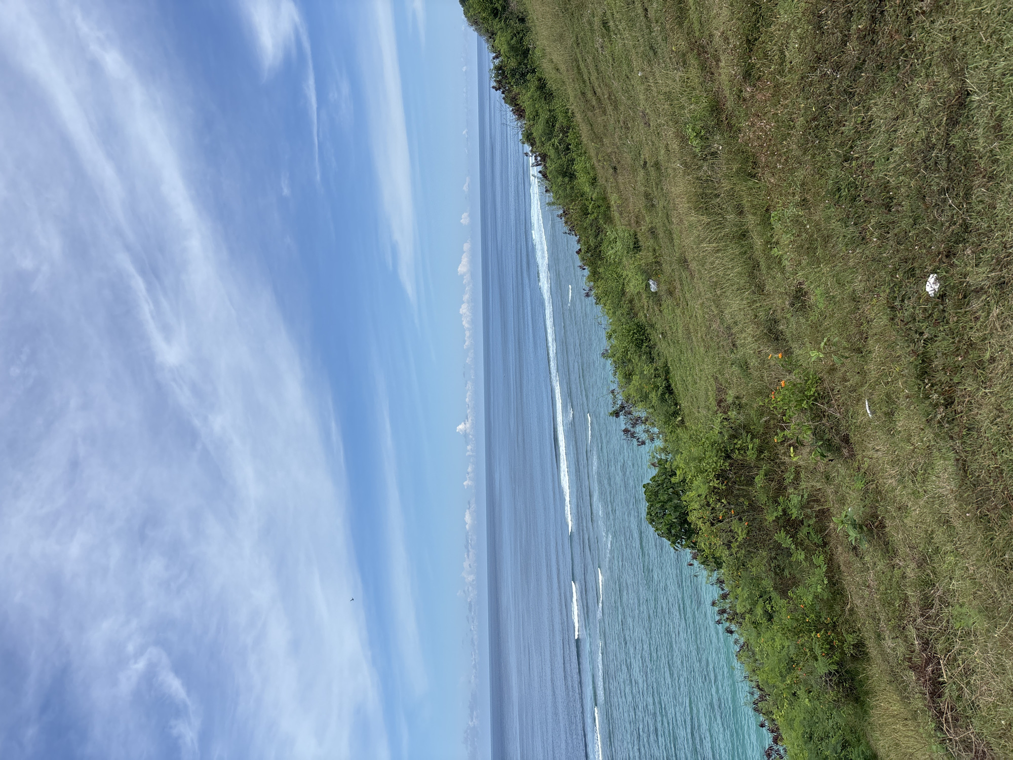 An outdoor, angled shot features a seascape. A grass-covered cliff stretches diagonally from the upper-right to the lower-center of the image. Below the cliff, the ocean presents shades of blue, with white surf. The sky is blue with streaky, light-colored clouds. The city of Kuta Selatan, Indonesia, is not explicitly visible in the image, but it is implied by the geographical features. There are no people visible in this image.