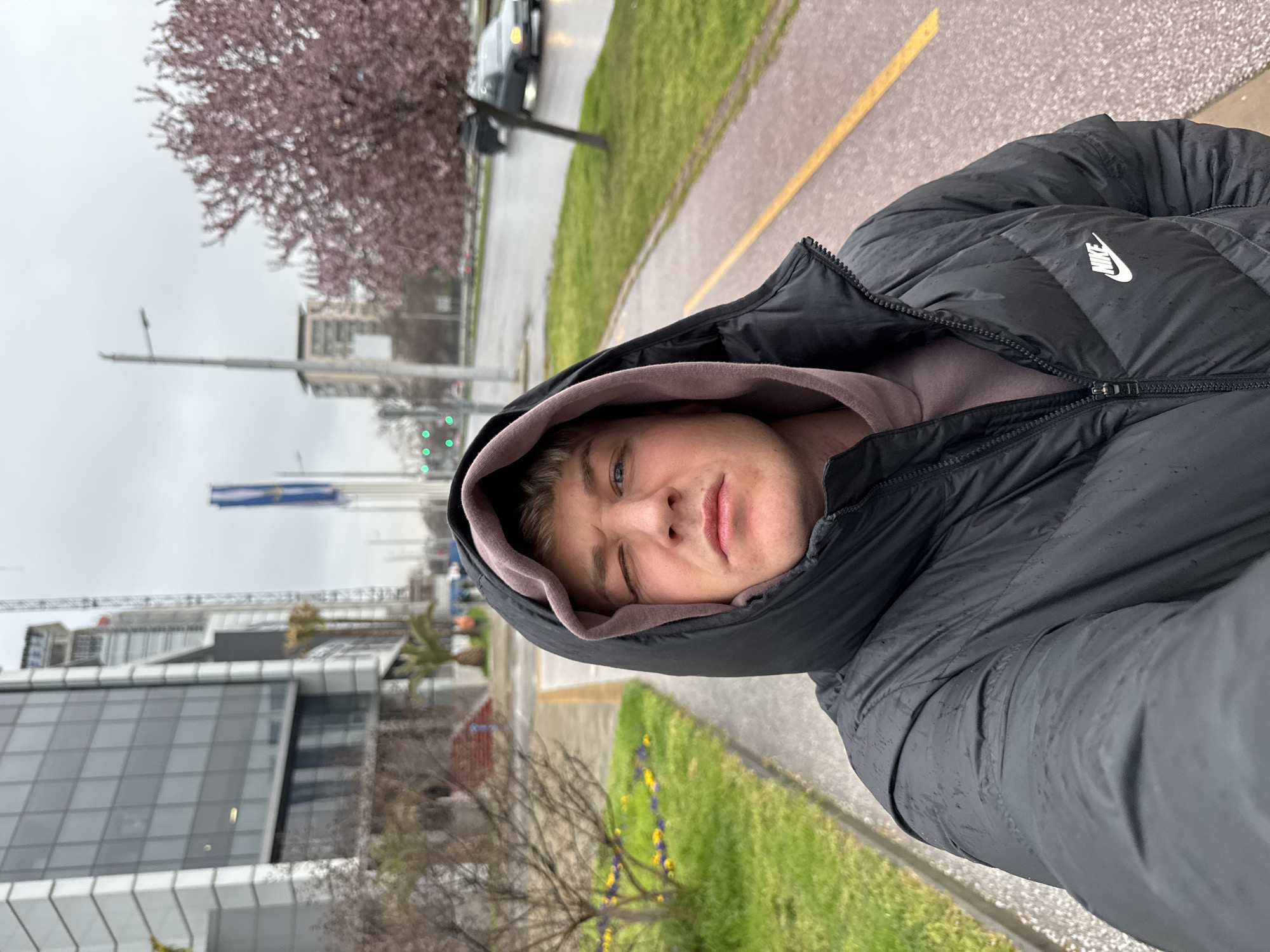 The image is a selfie taken in Plovdiv, Bulgaria. A young man is wearing a black Nike puffer jacket with the hood up over a grey hooded sweatshirt. He is standing on a sidewalk with a yellow painted line. Behind him, there is a grassy area with sparse trees and flowers. A road is visible with a car driving by, and across the road is a building with reflective windows and a construction crane. In the distance, there are more buildings and overcast skies. A tree with pink blossoms is also visible.