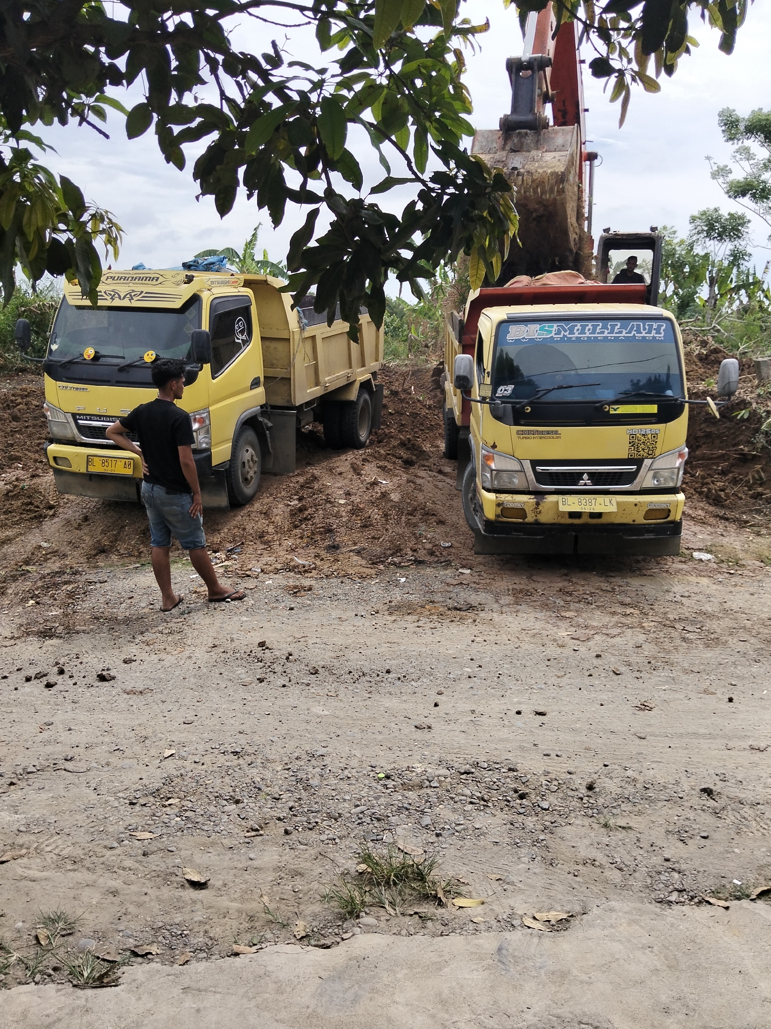 In Payagaboh, Indonesia, a scene unfolds on a dirt road near a construction site. Two yellow dump trucks are parked side-by-side, one with its bed tilted up, appearing to be either loading or unloading dirt. An excavator is visible above the second truck, its bucket filled with dirt, suggesting it is actively engaged in the earthmoving process. A young man, dressed in a black t-shirt and denim shorts, stands between the two trucks, his back to the camera, with one hand on his hip. The environment is dusty and rough, with piles of dirt and debris scattered around the vehicles. Vegetation, including trees with visible leaves and some grass, frames the upper part of the image and the background. The sky above is overcast, suggesting a humid day. The overall scene depicts a typical construction or excavation activity in a rural or semi-rural setting.