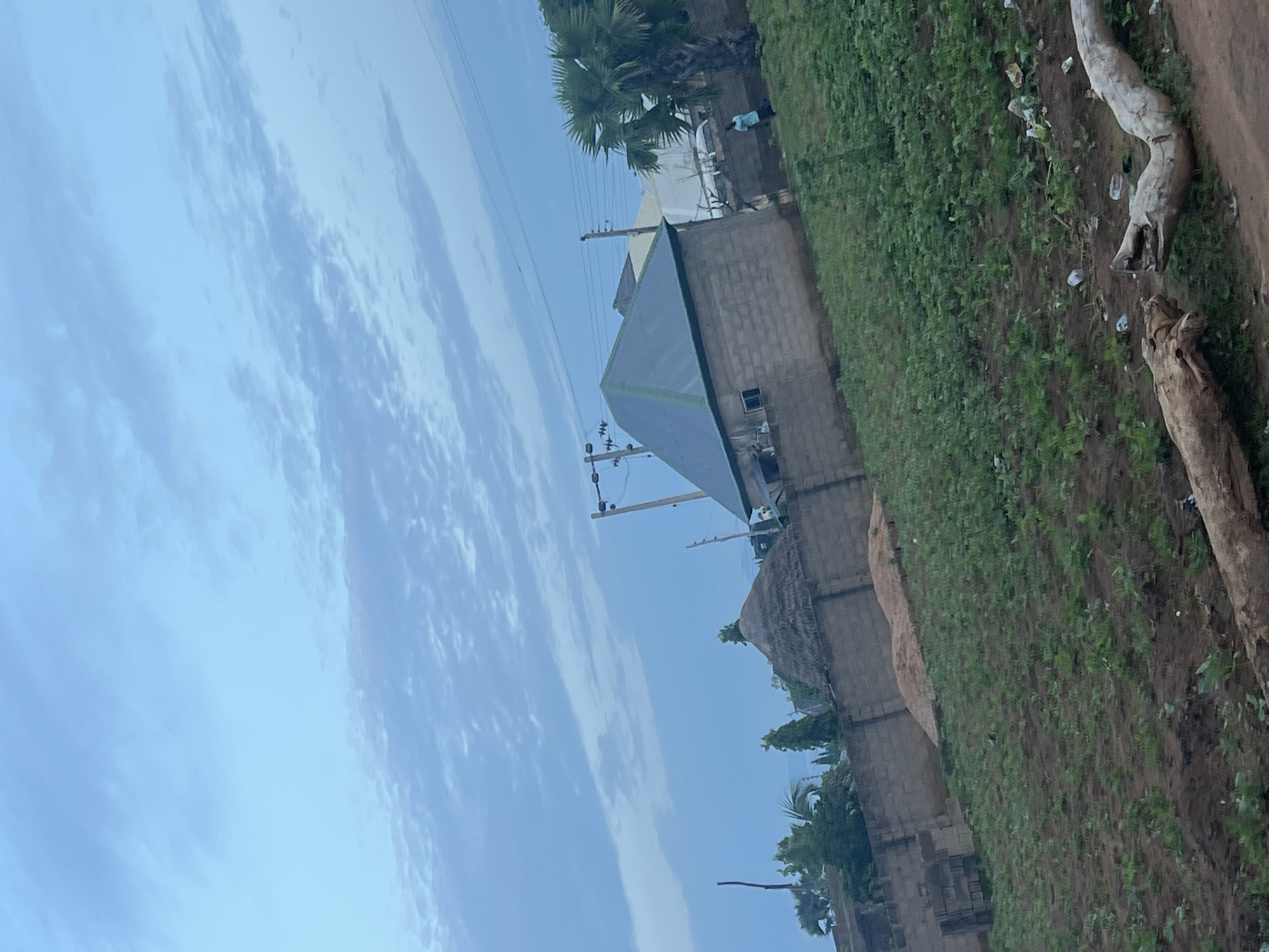 The image depicts a scene in Jalingo, Nigeria, under a cloudy, pale blue sky. In the foreground, a dirt path is visible with two large, weathered logs of wood lying on it. Beyond the path, a field of low-lying green vegetation, possibly crops, stretches across the frame. A concrete wall separates the field from a compound. Within the compound, a building with a corrugated metal roof, constructed from concrete blocks, is prominently featured. To the left of this structure, a building with a thatched roof is visible. A palm tree stands to the right of the concrete block building. A single individual, dressed in a light blue shirt and dark trousers, is walking in the background within the compound, near the palm tree. Utility poles with electrical wires are also present in the scene.
