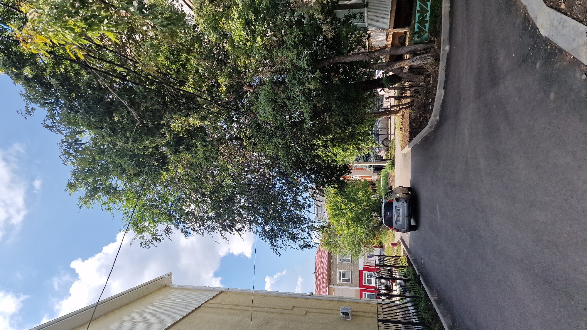 The image shows a residential street in Kostanay, Kazakhstan, on a clear day with scattered clouds. On the left, a light yellow building with a corrugated facade and white trim runs parallel to the street. A black metal fence separates the building from the paved road. Further down the street, a red-roofed building with white window frames and grey siding is visible.
In the center of the frame, a silver hatchback car is parked on the right side of the road, facing away from the camera. It has a license plate with Cyrillic characters. A mature tree with dense green foliage dominates the right side of the image, with its branches extending over the street and obscuring part of the sky. In the background, other buildings and trees are visible, as well as parked cars. The ground surface is asphalt, with concrete curbs along the sides of the road. The overall impression is that of a quiet, urban residential area.