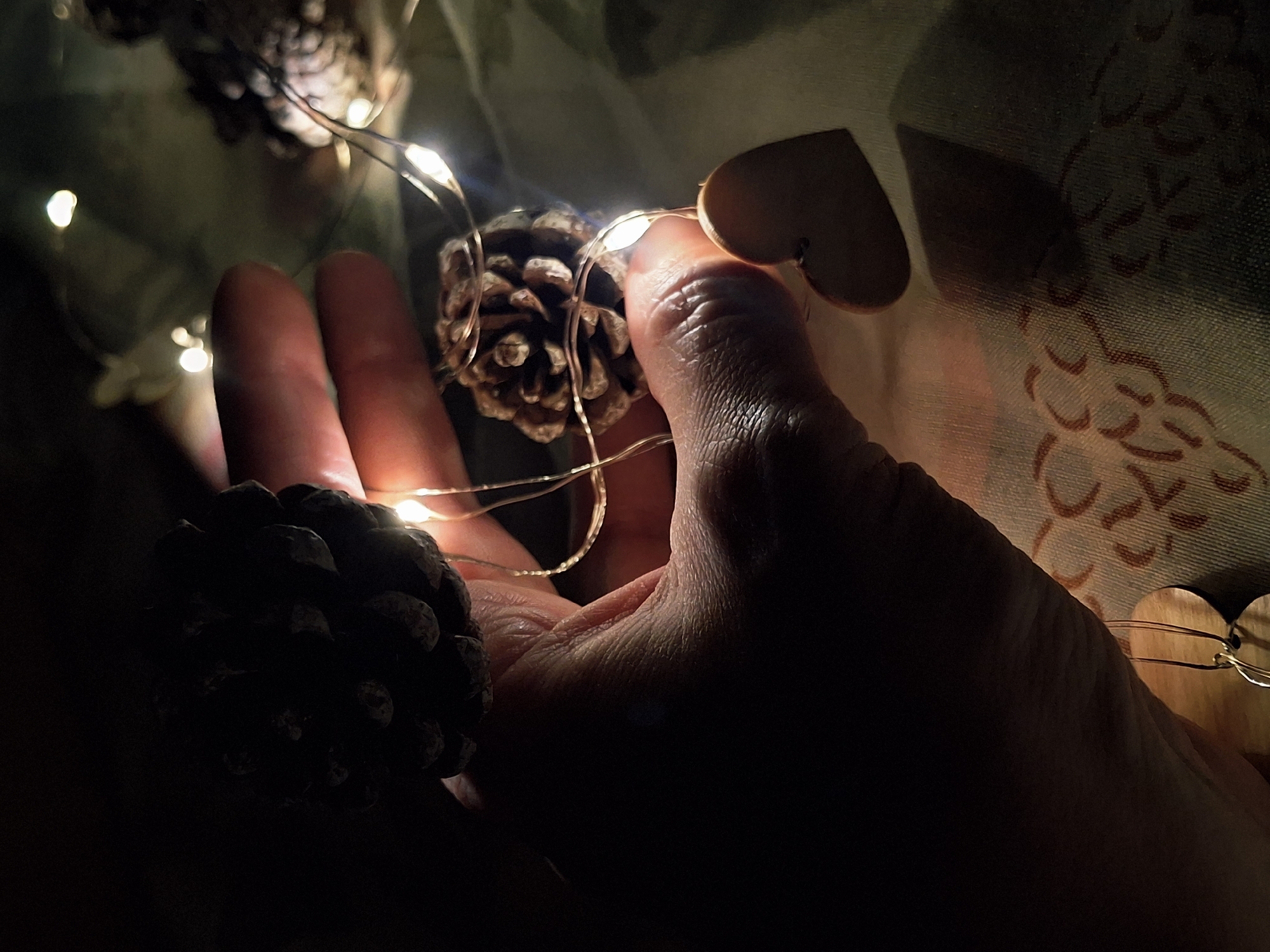 A human hand is holding a collection of objects including pine cones, small wooden hearts, and a string of fairy lights. The hand is partially illuminated by the lights, which also illuminate some of the objects. The background appears to be a patterned fabric. The image is low-lit, creating a sense of warmth and intimacy. The location in the city of Chaikovsky, Russia, cannot be determined from the visual information provided.