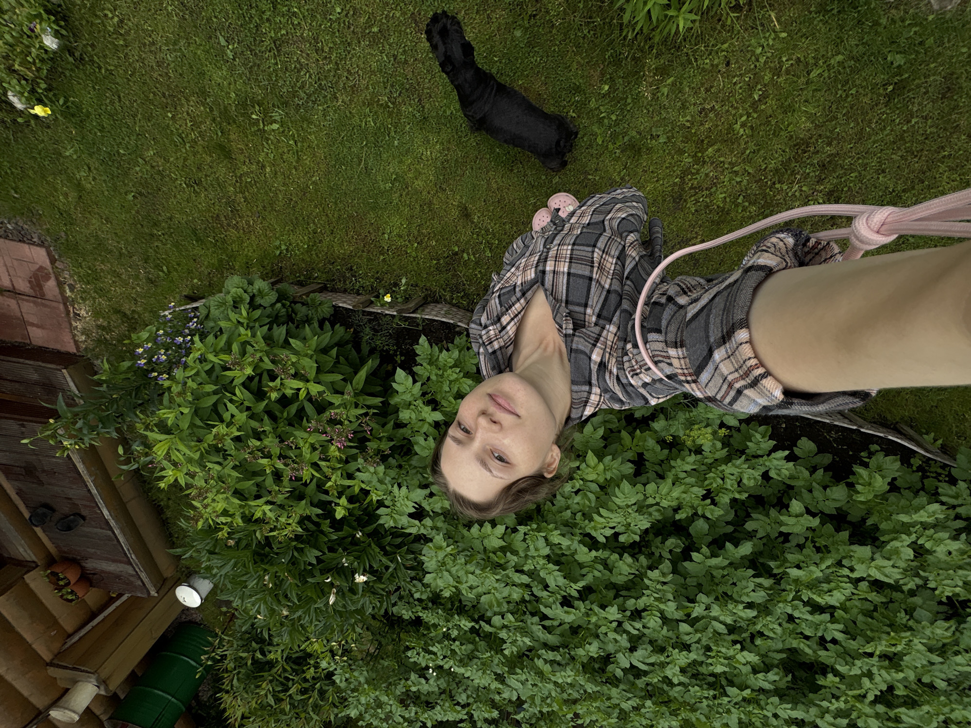 A young woman with brown hair and fair skin, wearing a grey and pink plaid shirt and pink Crocs, is taking a selfie in a backyard. She is surrounded by lush green foliage. A black dog is visible in the background on the grass. The scene appears to be in a rural or suburban setting. The location is identified as Leningradskaya, Russia.
