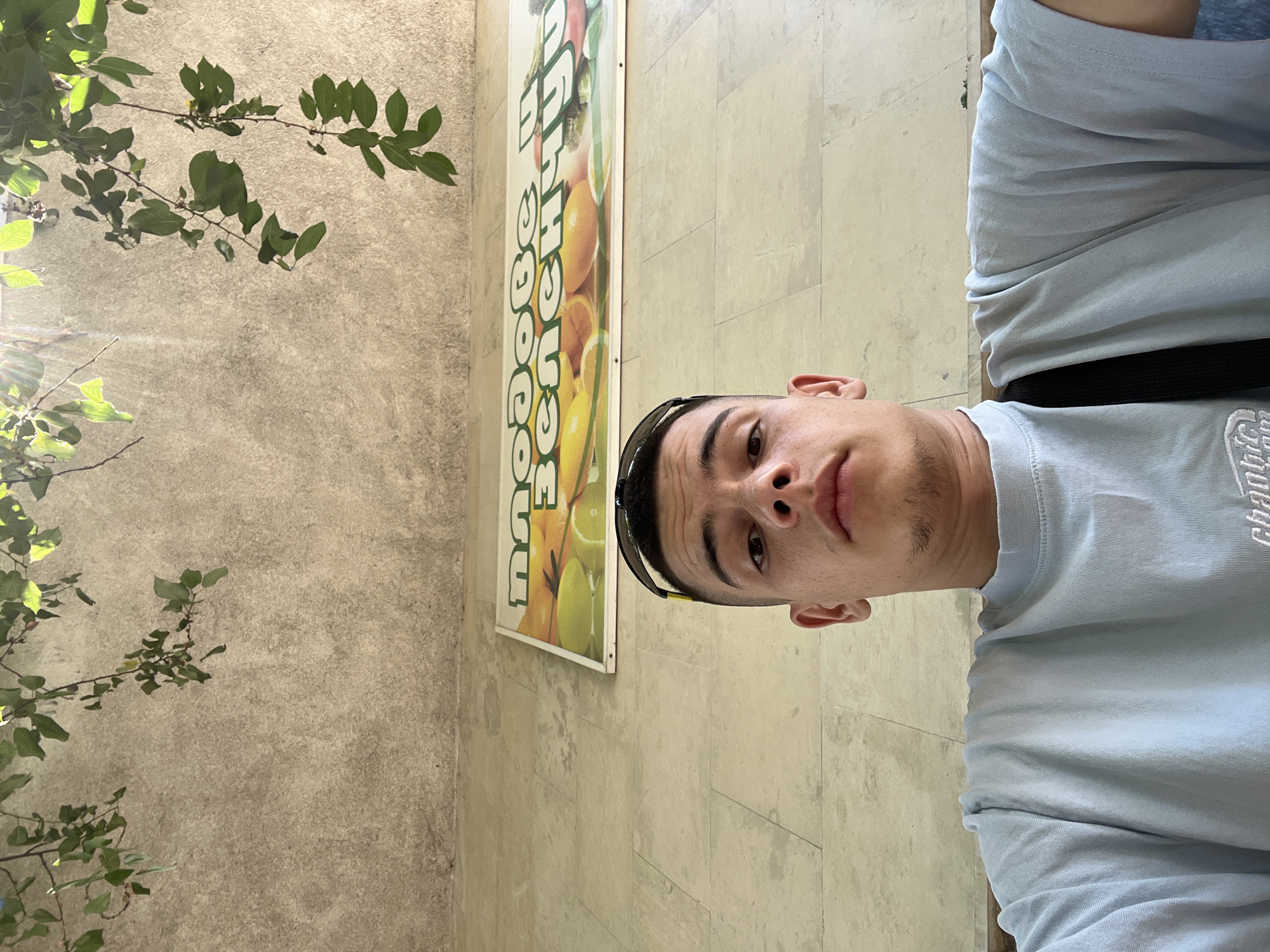 A young man with short dark hair and sunglasses perched on his head is taking a selfie. He is wearing a light blue t-shirt. Behind him is a wall with a sign depicting fruits and text in Cyrillic, which appears to read "Смутове и Вкусни". The setting is outdoors, with branches of a tree with green leaves hanging from above. The wall is made of textured concrete, and the ground appears to be paved with light-colored tiles. The sign suggests a place selling smoothies and juices. This scene could be a cafe or kiosk in the city of Karlovo, Bulgaria, known for its fruit orchards and historical significance.