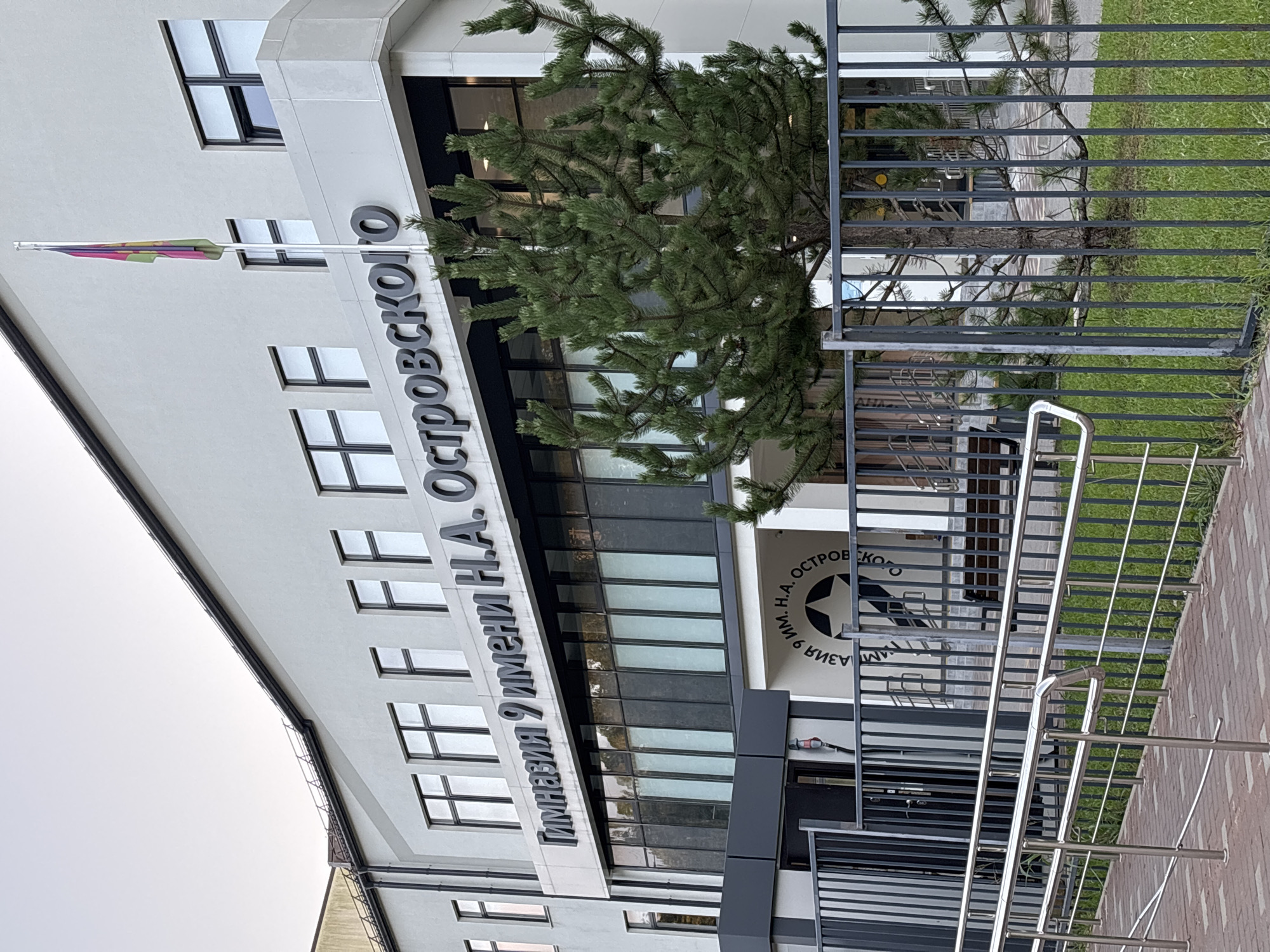 The image shows the entrance to Gymnasium No. 9 named after N.A. Ostrovsky in Sochi, Russia. The building is a modern, light-colored structure with large windows and prominent signage. A flag flies from a pole in front of the building. A metal fence encloses the property, and a ramp with handrails leads to the entrance. A small evergreen tree stands in front of the building. The sky is overcast, suggesting it is daytime. There are no people visible in the image.