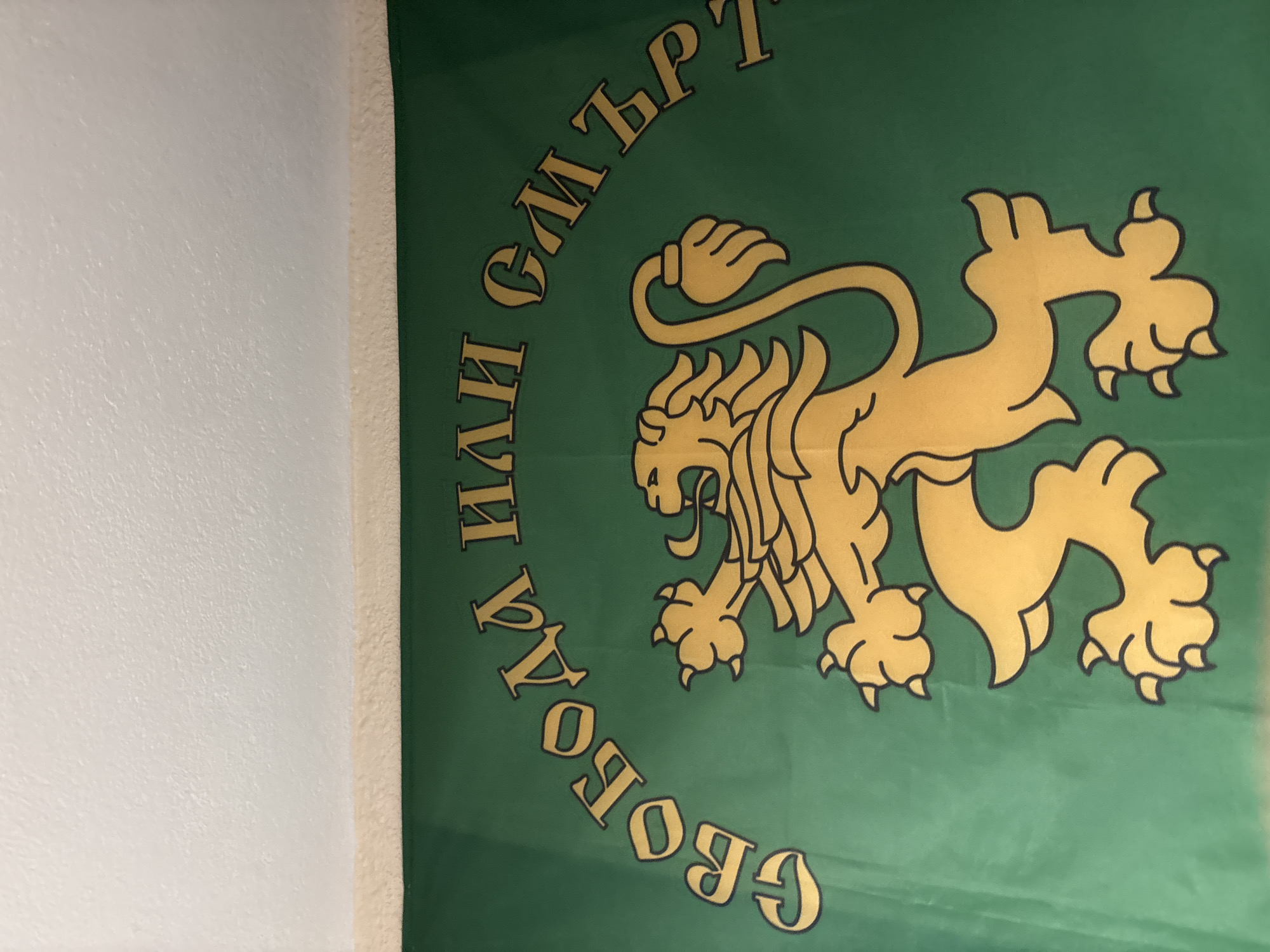 The image shows a section of a green flag with a golden lion emblem and golden Bulgarian text reading "Свобода или смърт" ("Freedom or Death"). The flag is likely hanging indoors, as a white wall is visible to the left. There are no people present in the image. The image is not clear enough to determine its exact location in Plovdiv.