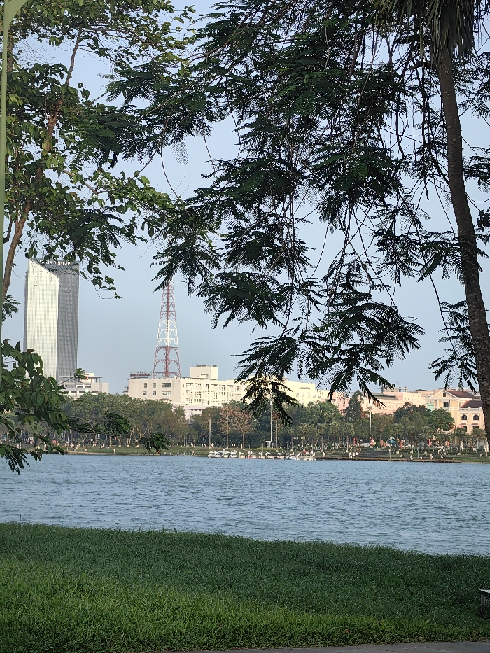 The image depicts an urban waterfront scene in Thuận Hóa Ward, Vietnam, viewed from a slightly elevated position. The foreground features a strip of matted dark green grass at the bottom, directly beneath a body of water that occupies the mid-ground. The water, appearing light blue-green, exhibits minor surface ripples.
The far bank of the water reveals a paved pathway or promenade. Along this bank, numerous small, white recreational boats, consistent with paddle boats, are docked or moored. Beyond the pathway, indistinct human figures are visible, scattered across the path and adjacent grassy areas, appearing to be walking or standing. A line of trees with varying shades of green foliage separates the waterfront from the urban background.
The background skyline is dominated by urban structures under a clear, pale blue sky devoid of clouds. On the left, a tall, slender, modern skyscraper with a light-colored, reflective facade stands prominently. To the right of the skyscraper, a distinct red and white lattice transmission tower rises. Behind the tower and extending to the right, several multi-story buildings with light-colored facades and multiple windows are visible. Further to the right, additional buildings with warmer tones and architectural details are discernible.
The scene is partially framed by dark green tree foliage and branches, originating from unseen trees in the immediate foreground. These leaves and branches overhang from the top and intrude from the sides, partially obscuring portions of the sky and background buildings. A thick tree trunk is visible on the far right, and another partial trunk on the far left.