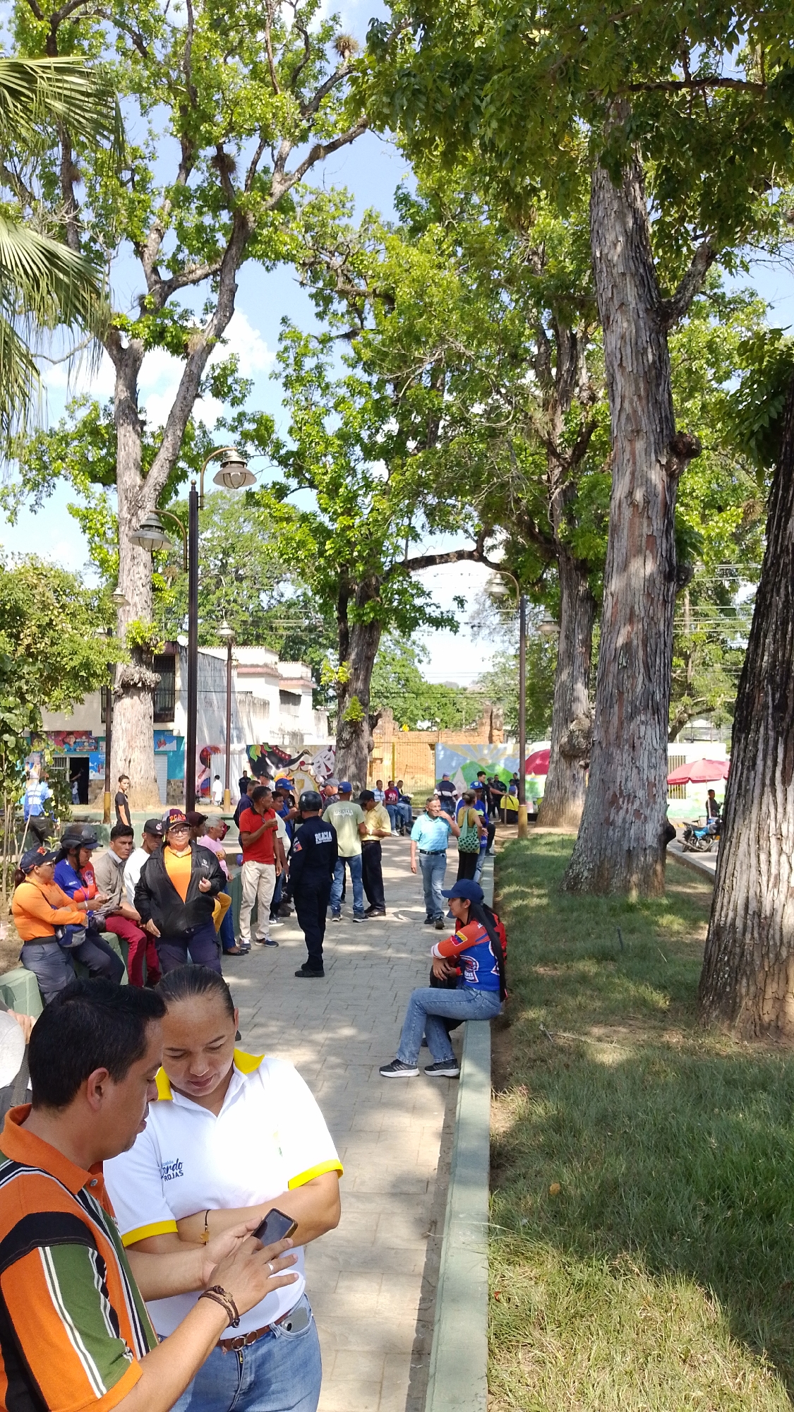 The image shows a public space in Tinaquillo, Venezuela, populated with a group of people. The scene is outdoors, on a paved pathway bordered by green grass on one side and trees on both sides. A large crowd is gathered further down the pathway. Several individuals are standing, some are sitting on a ledge, and others are walking around. One police officer is also visible in the crowd. In the foreground, two people are looking at a mobile phone. Buildings are visible in the background. It is a sunny day with shadows from the trees on the pavement.