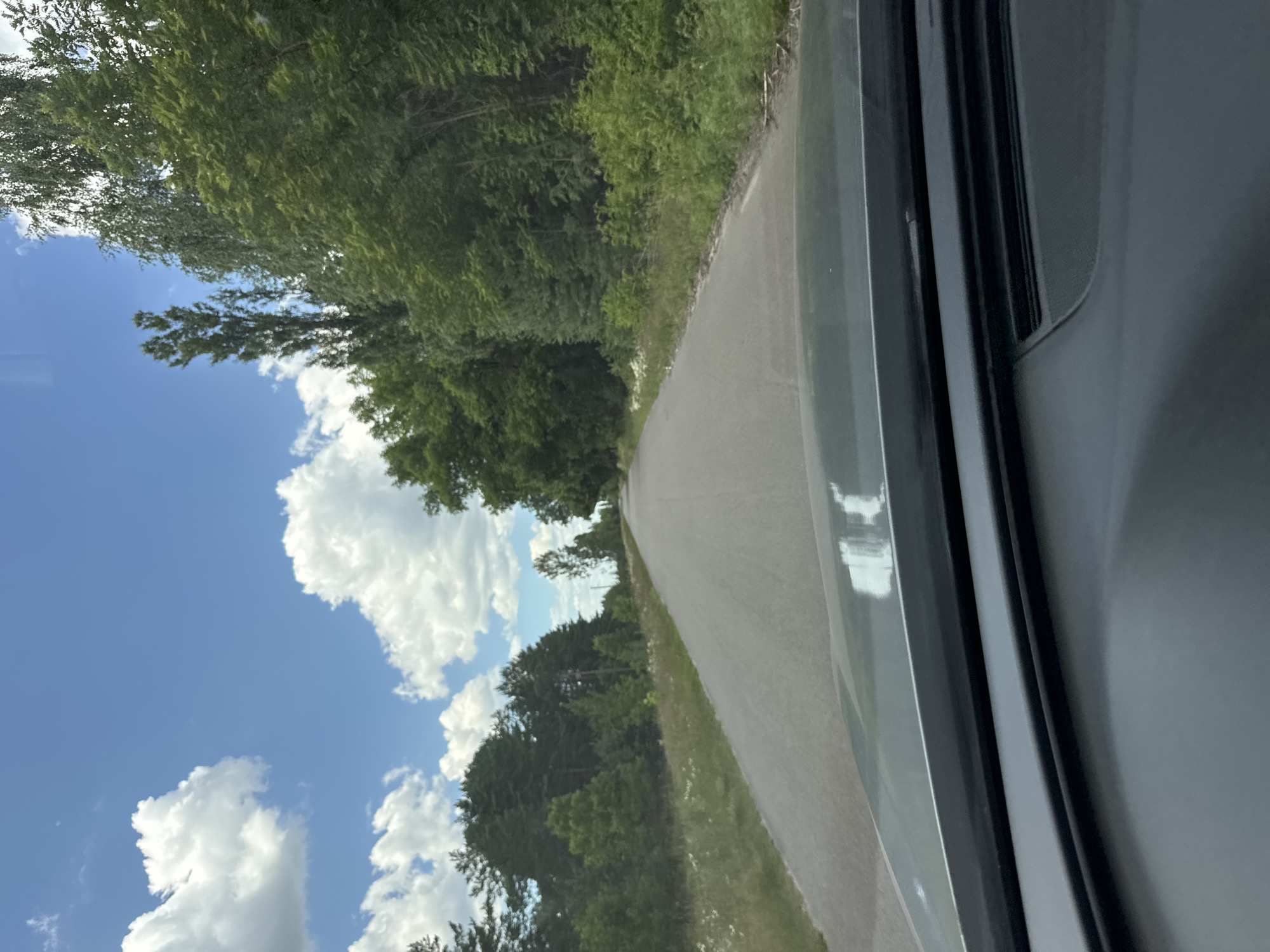 The image shows a view from inside a vehicle, looking out onto a rural road surrounded by lush green trees and a bright blue sky with fluffy white clouds. The road curves gently to the left, disappearing into the distance. The sun is shining, indicating it is daytime, and the weather appears to be clear and pleasant. The trees are dense and full of leaves, suggesting it is summer or late spring. The scene evokes a sense of peaceful travel through a natural landscape. The interior of the vehicle is partially visible on the right side of the frame, showing dark gray trim and a reflective surface. There is no visible text in the image. The setting is consistent with a location like Dovhe, Ukraine, known for its scenic rural beauty.
