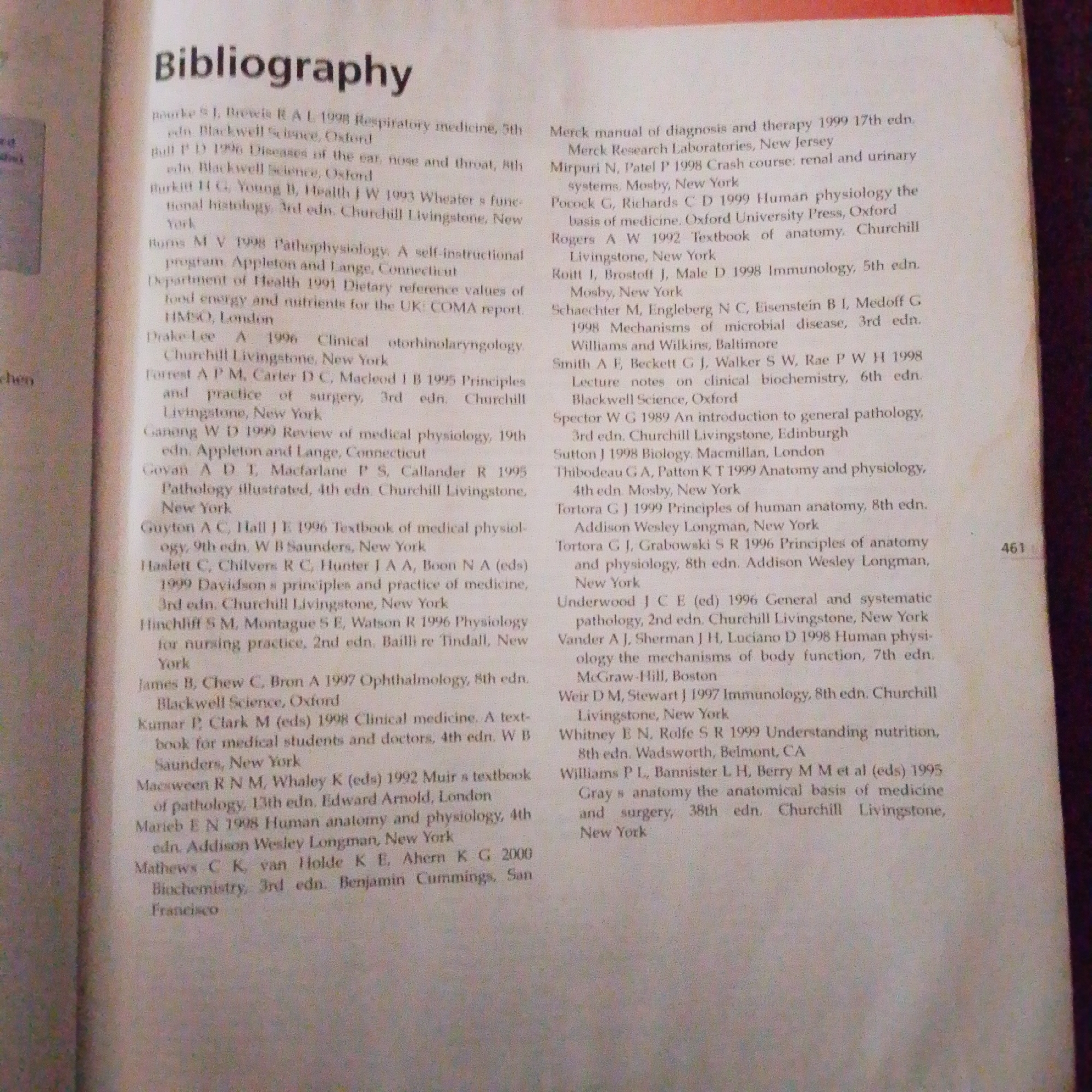 The image is a photograph of a bibliography section from a book. The text is primarily in English and lists various medical and scientific publications with author names, publication years, titles, and publishers. The bibliography is arranged in two columns. The page has a slightly yellowed appearance, suggesting it is from an older book. There is no information in the image that pertains to Jalingo, Nigeria.