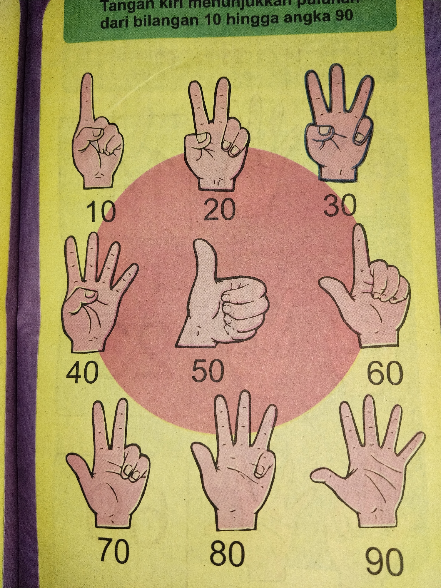 The image displays a page from a children's educational book. The page features illustrations of hands demonstrating different numbers represented by finger configurations, accompanied by numerical digits. The text at the top of the page, in Indonesian, translates to "Left hand shows tens from the number 10 to the number 90." The illustrations are arranged in a grid-like pattern with a pink circular background behind some of them. The dominant colors are yellow and green for the background of the page, and pink for the circle. The illustrations are line drawings with a flesh tone fill. There are no people, city elements, or specific locations identifiable within the image. The image is a flat, printed page, not a real-world scene.